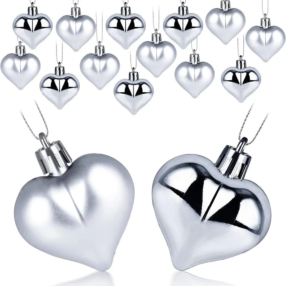 Dadiy 12 PCS Heart Shaped Decorations for Christmas Tree Party Decor Valentine's Day Hanging Ornaments (Silver)