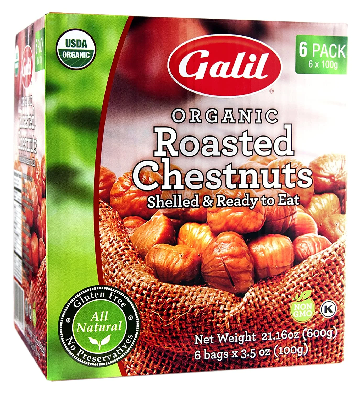 Galil Organic Roasted Chestnuts, Shelled Snack, Gluten Free, 21.16 oz.