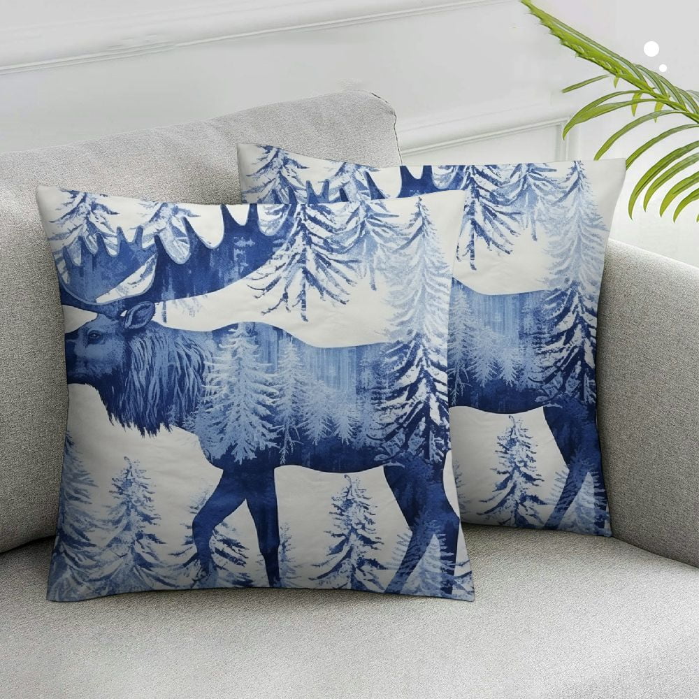Ulloord  Moose Throw Pillow Cushion Cover, Blue Pattern Pine Needles Spruce Tree with Antlers Deer Family Snow Winter Horns, Decorative Square Accent Pillow Case,  18x18 , White Blue