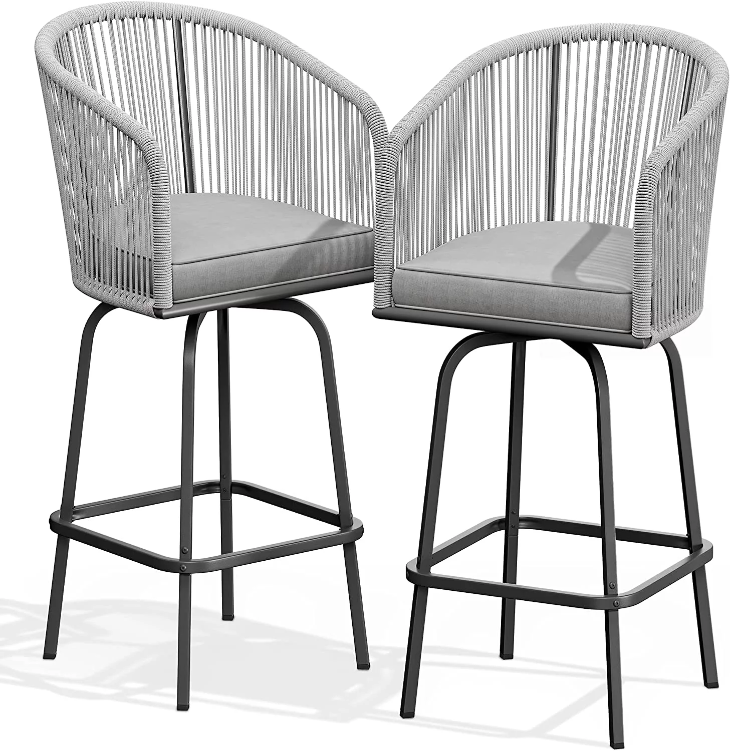 Dextrus 2-Piece Patio Woven Swivel Bar Stools,Outdoor Bar Height Chair with Soft Cushions for Backyard Poolside, Garden w/360 Rotation (Gray)