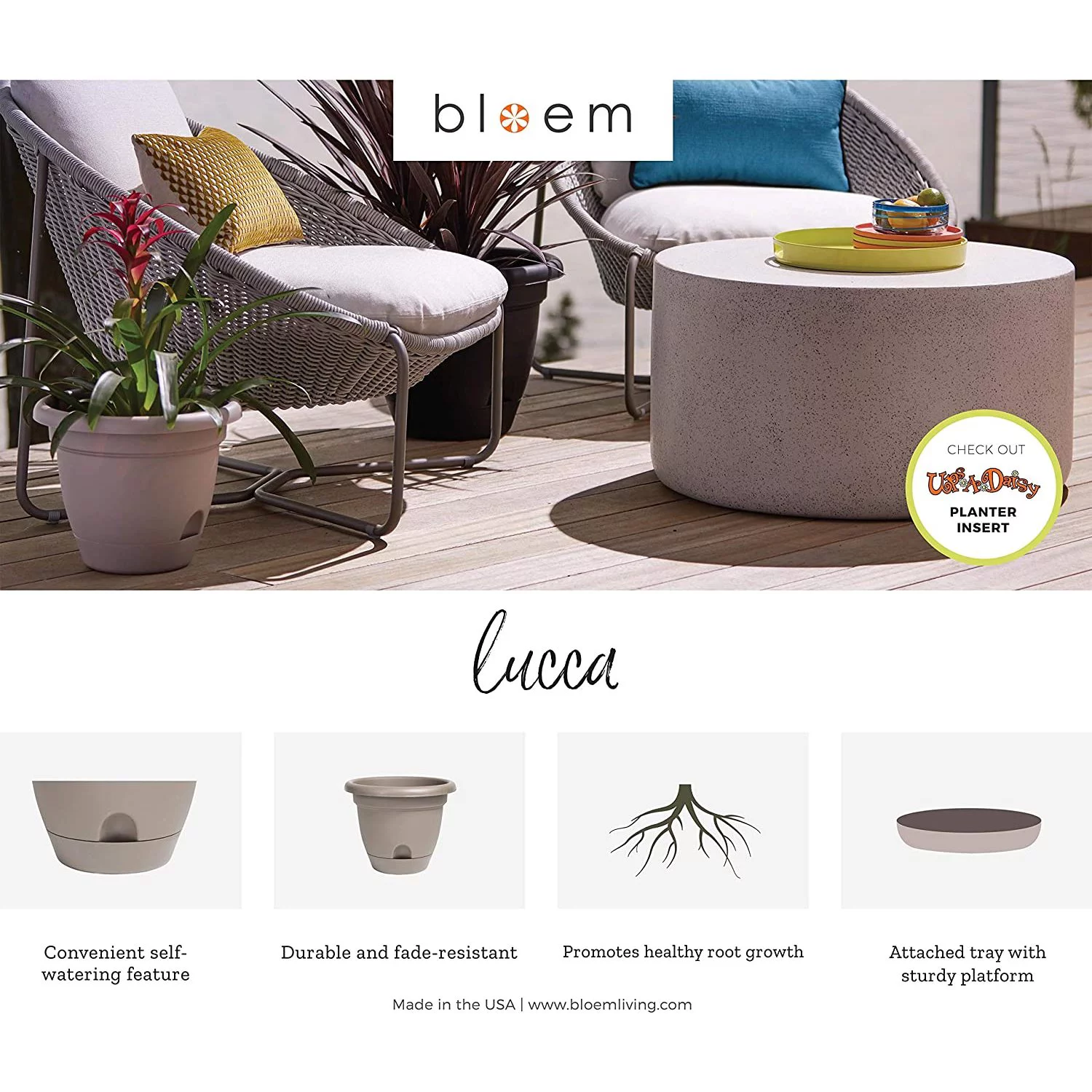 WJUN Lucca Self Watering Planter w/Saucer (LP1400), Black, 14