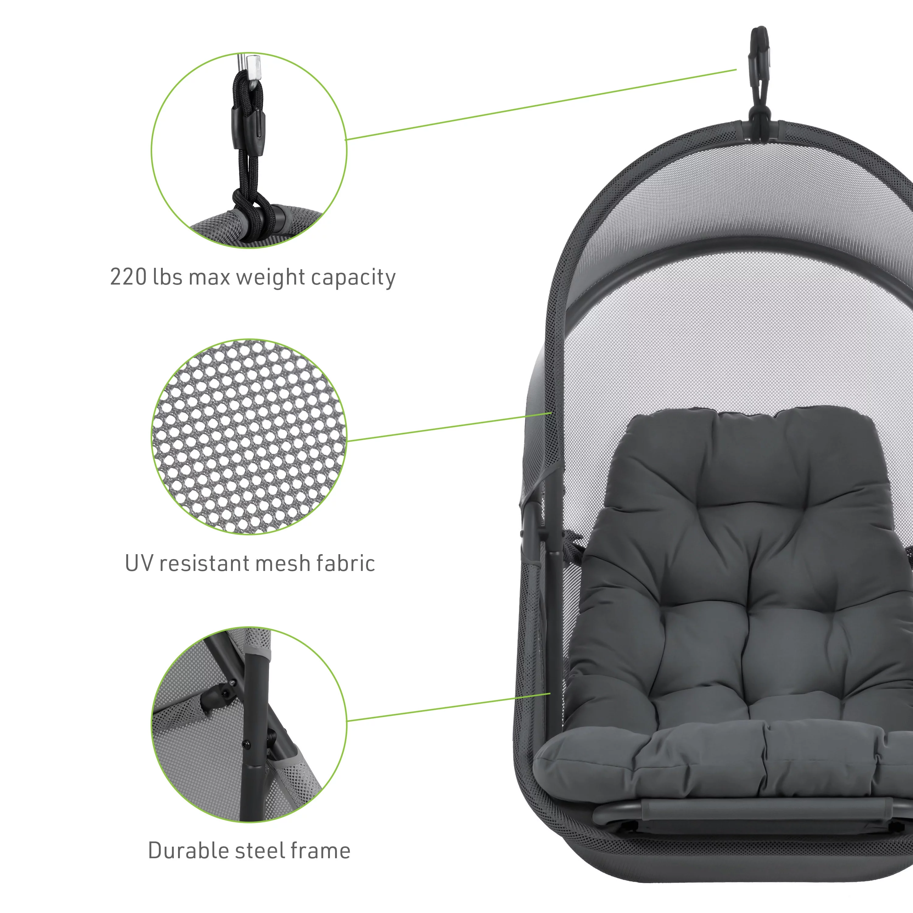 Furniture of America Drift UV-Resistant Patio Foldable Swing Chair with Cushion, Dark Gray