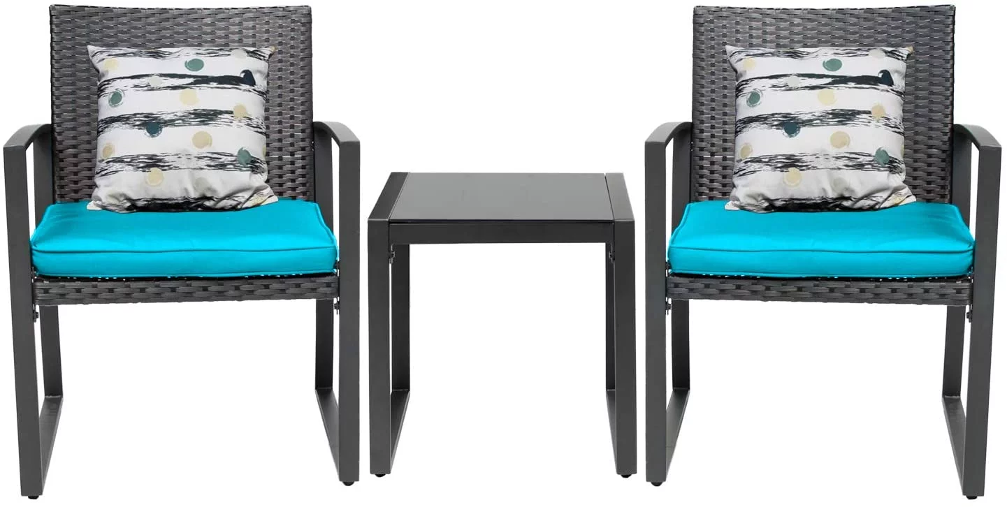 Outdoor 3-Piece Bistro and Coffee Set Black Wicker Furniture-Two Chairs with Glass Coffee Table