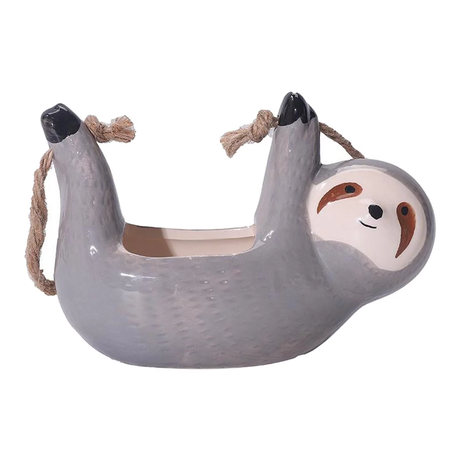 Ceramic Hanging Sloth Planter Gift - Glazed Animal Plant Pot, Succulents, Herbs Gray