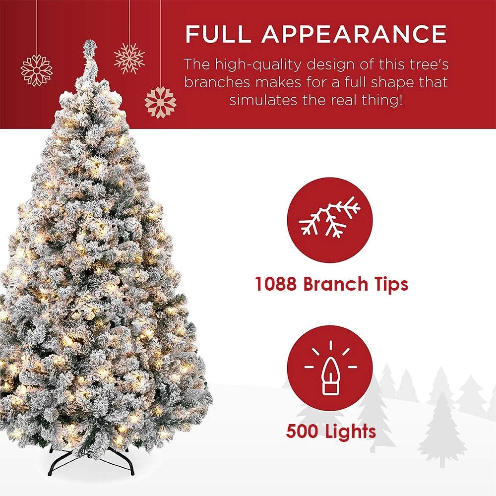 Roamrider 7.5ft Snow Flocked Christmas Tree Pre-Lit White Artificial Hinged Bushy Spruce