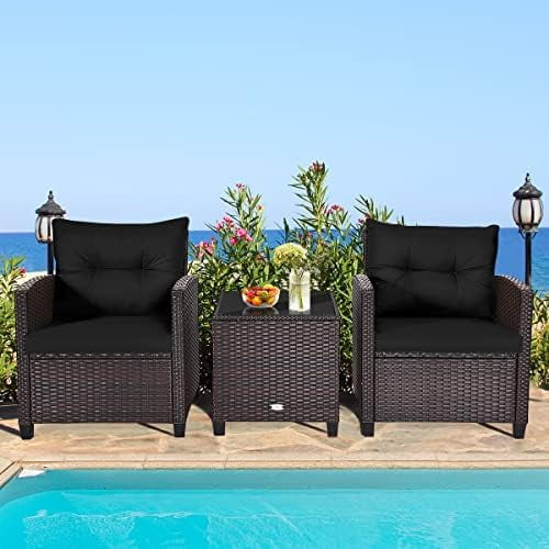 xrboomlife 3 Piece Patio  Set  Wicker Bistro Conversation Set w/ 2 Cushioned Armchairs & Glass Topped Table  Outdoor Rattan Sofa Set Patio  for Porch Balcony Poolside (White)