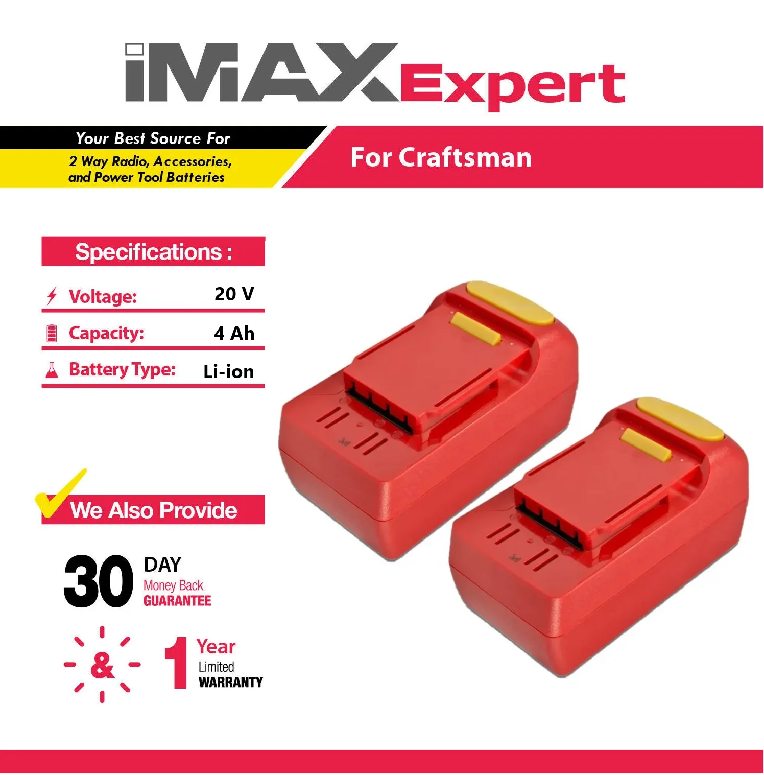 2x 20V 4Ah Li-ion Battery for Craftsman 26302, 26314, 28128, 25708