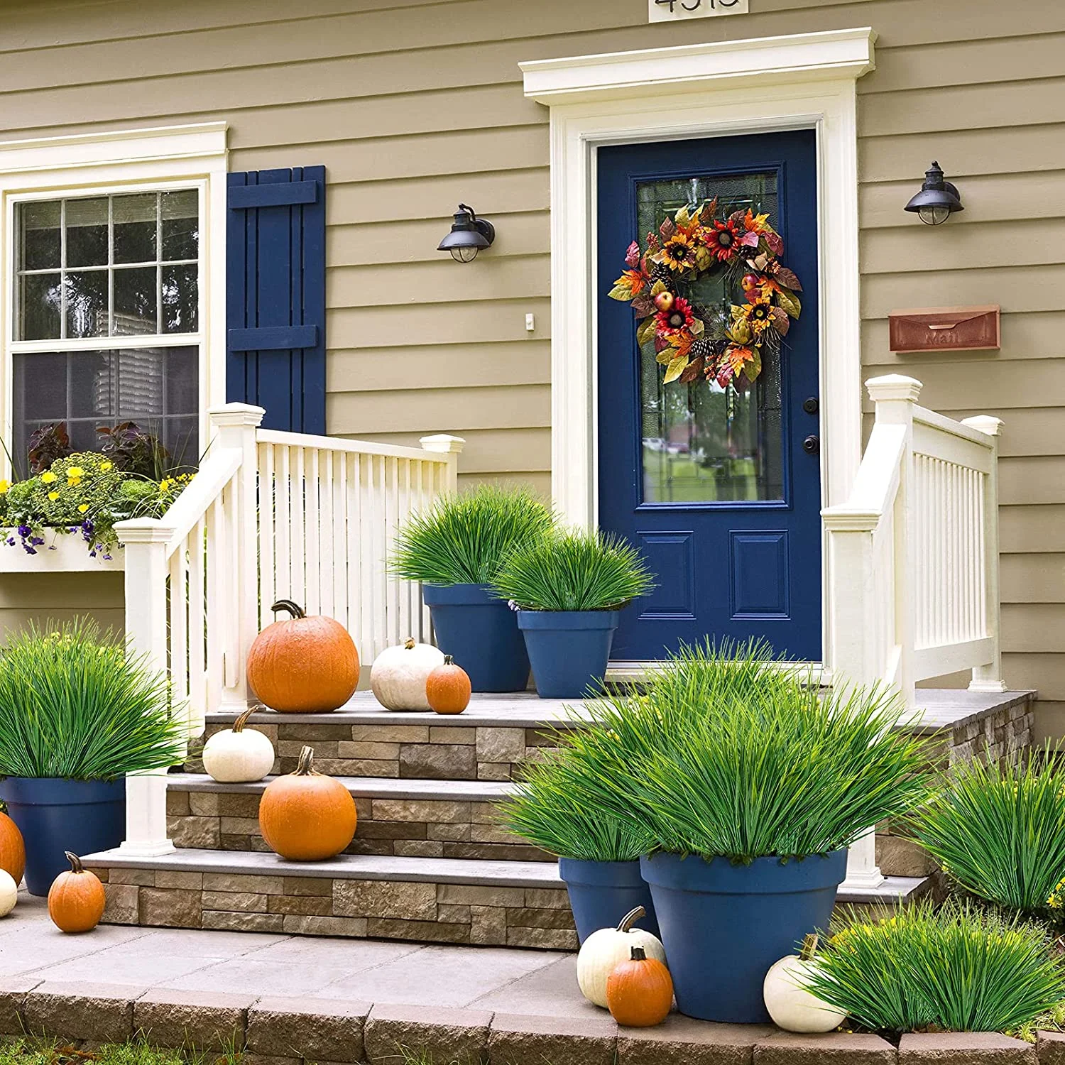 12 Bundles Artificial Grasses Outdoor UV Resistant Fake Grass No Fade Faux Plastic Plants for Garden Window Box Planter Decoration (Green Wheat Grass)