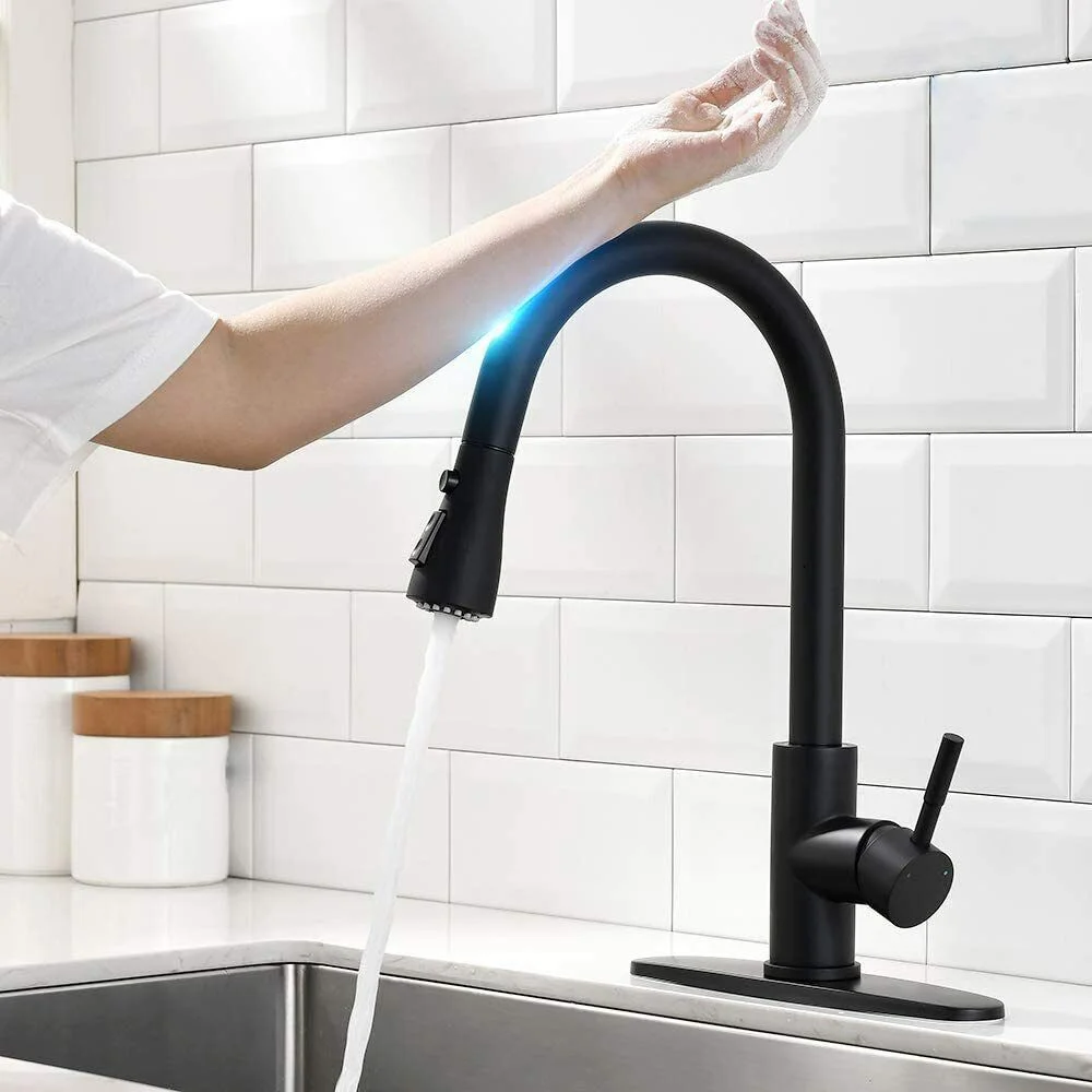 LIFFSSDG Touch Activated Kitchen Faucet with Pull Down Sprayer,Motion High Arc Single Handle Smart Faucets for Kitchen Sink with Deck Plate Suit to 1 or 3 Holes,304 Stainless Steel, Matte Black
