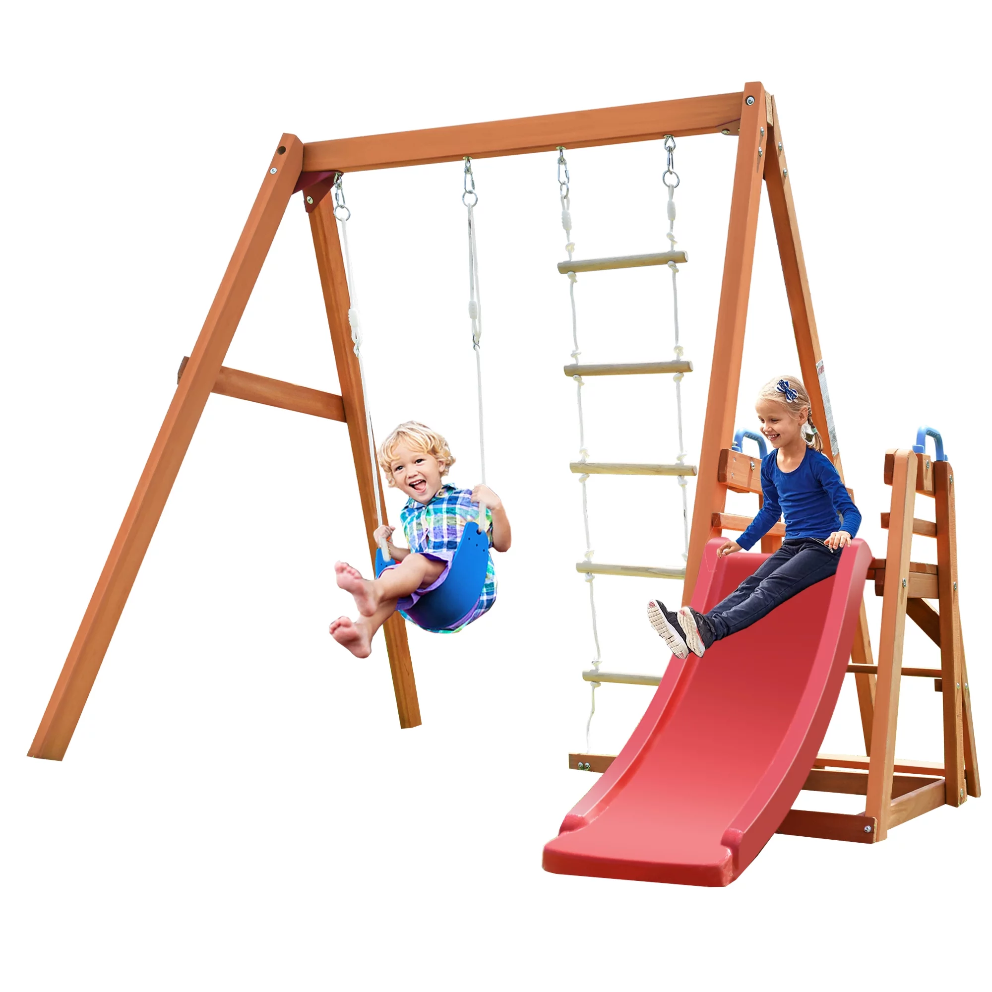 uhomepro Wood Swing Set for Backyard with Slide, Swings and Climbing Rope, 3-in-1 Kids Playground Sets, Outdoor Toys for Girls Boys 3-10 Year Olds
