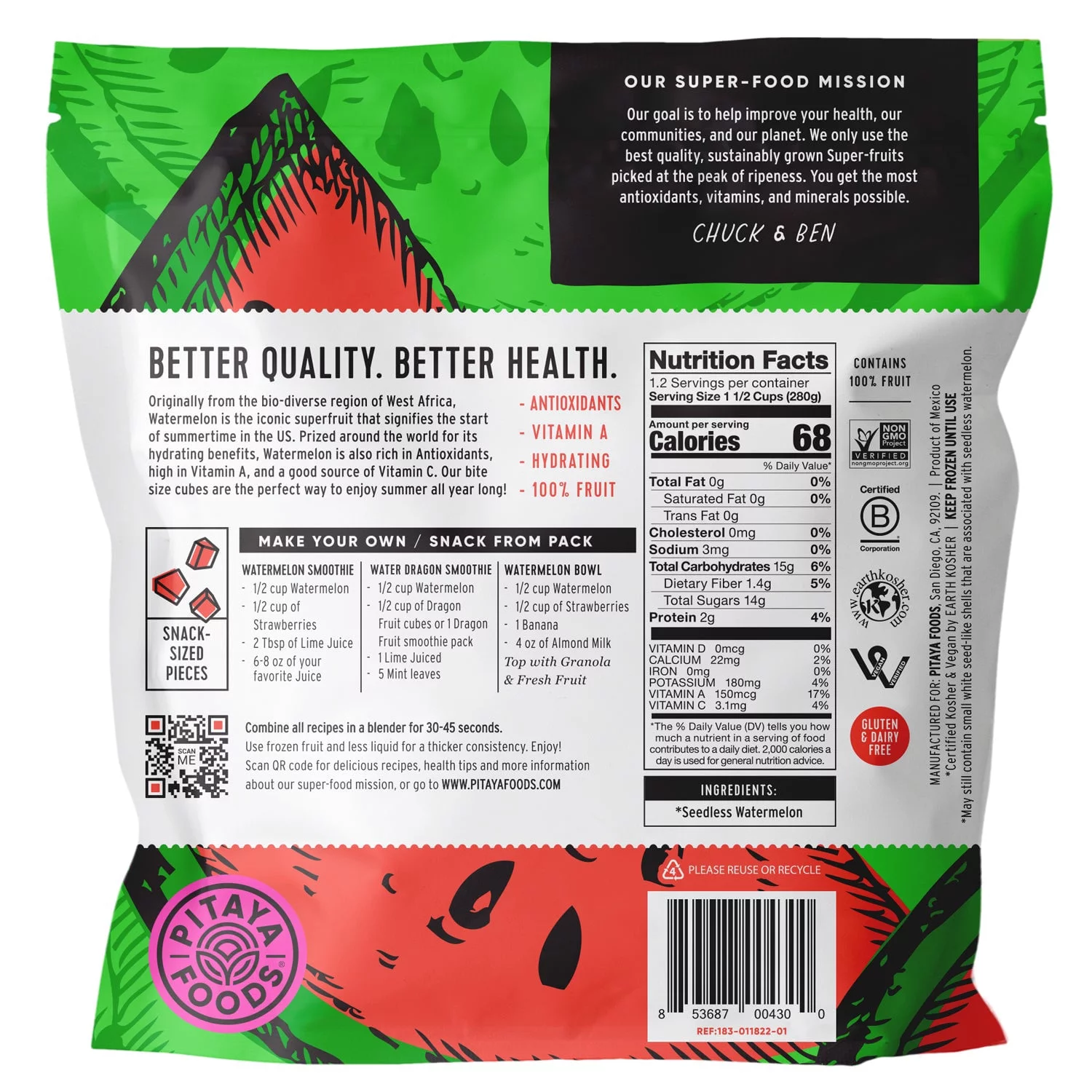 Pitaya Foods, Watermelon Bite Sized Pieces, Frozen Pouch, 12 oz, 1 Count