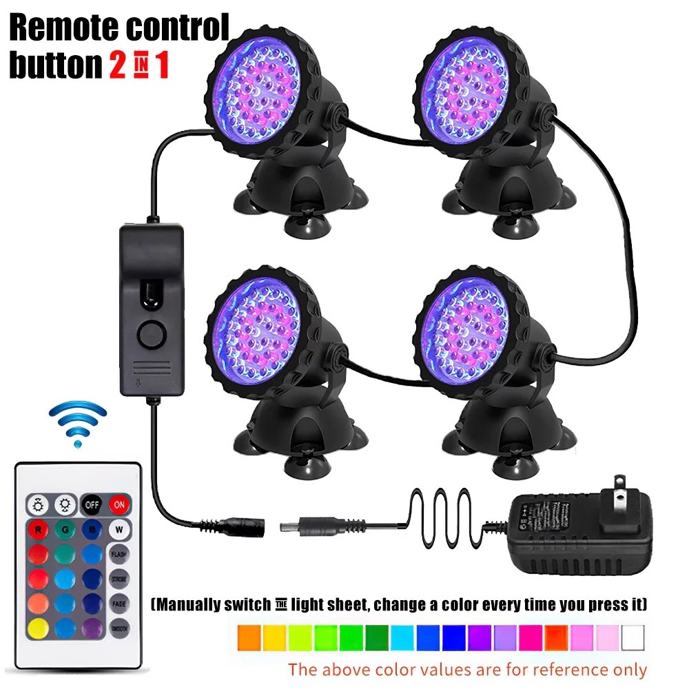 Submersible 36 LED RGB Pond Spot Lights Underwater Pool Fountain IP68+IR Remote