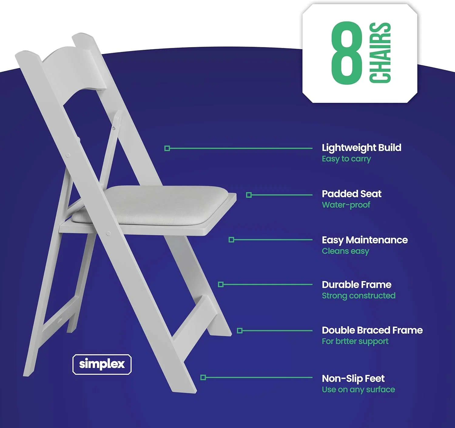 White Resin 8 Pack Stackable Folding Chairs - Lightweight, Durable, Indoor/Outdoor
