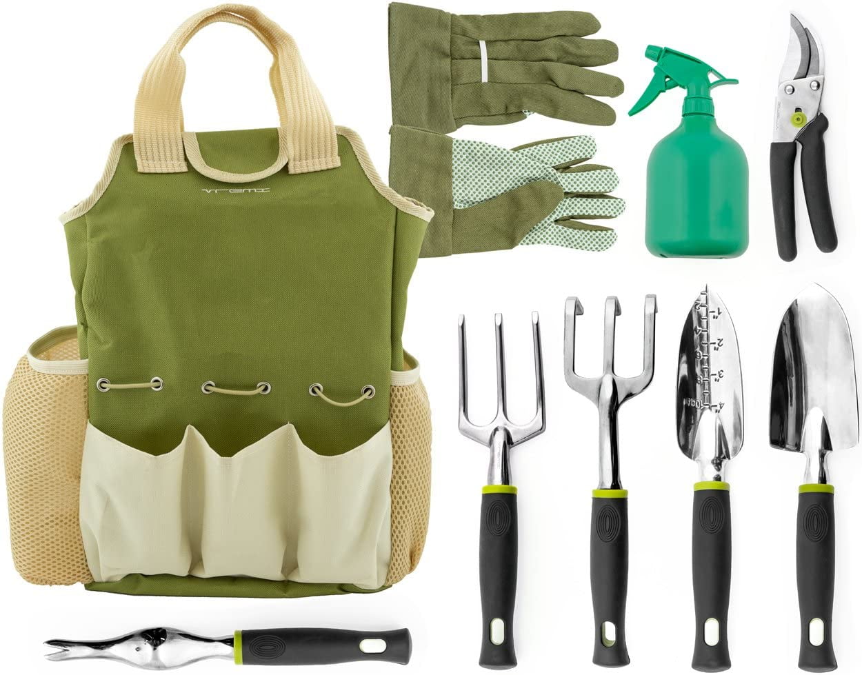 Vremi 9 Piece Garden Tools Set - Gardening Tools with Cotton Garden Gloves and Garden Tote