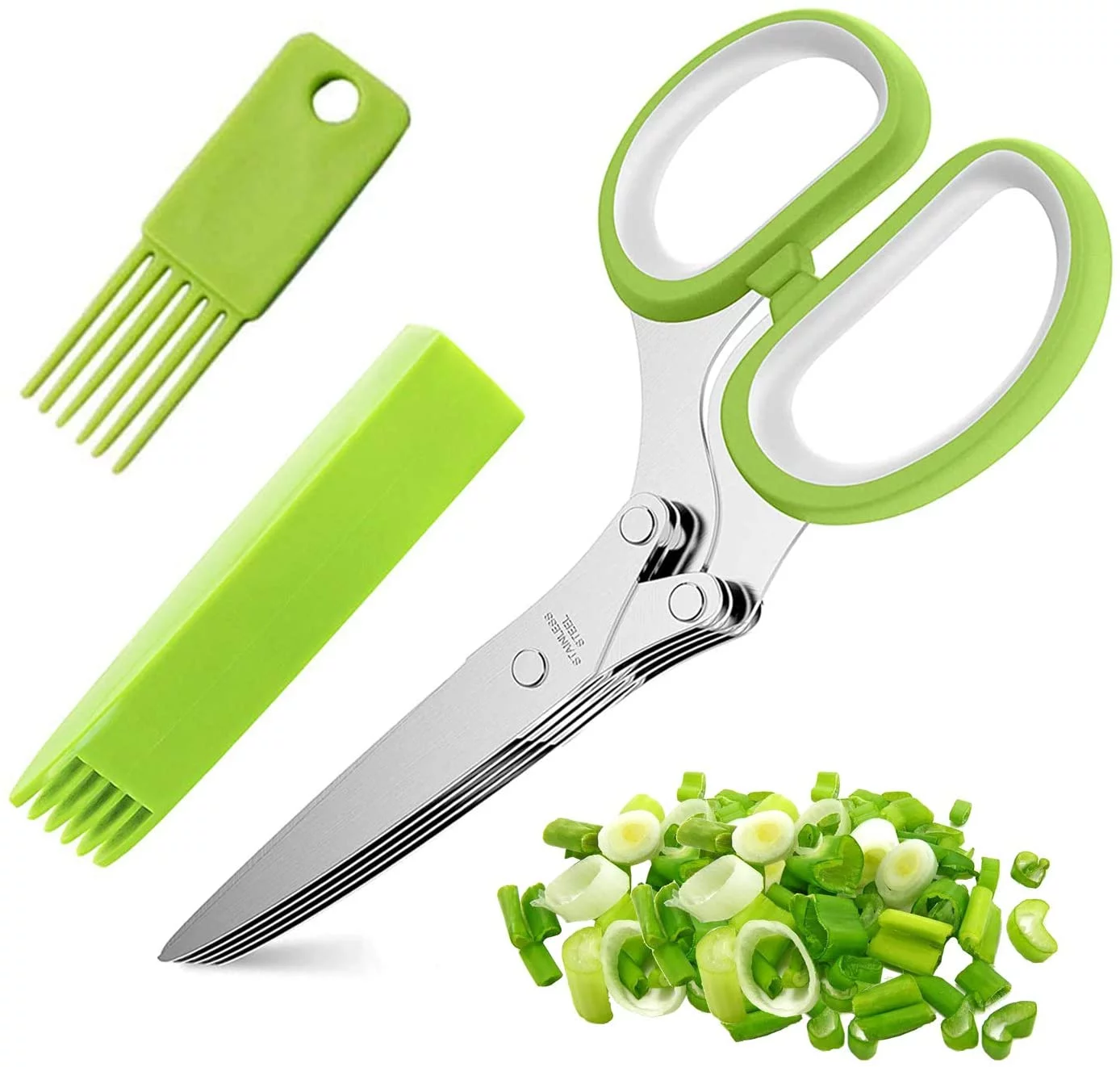 Gourmet Herb Scissors Set - Master Culinary Multipurpose Cutting Shears with Stainless Steel 5 Blades, Stripping Tool, Safety Cover and Cleaning Comb for Cutting Cilantro Onion Salad