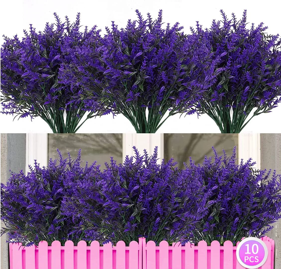 10 Bundles Artificial Lavender Flowers Outdoor UV Resistant Plastic Fake Flowers Plants for Home Garden Farmhouse Porch Pot Window Box Wedding Spring Decor
