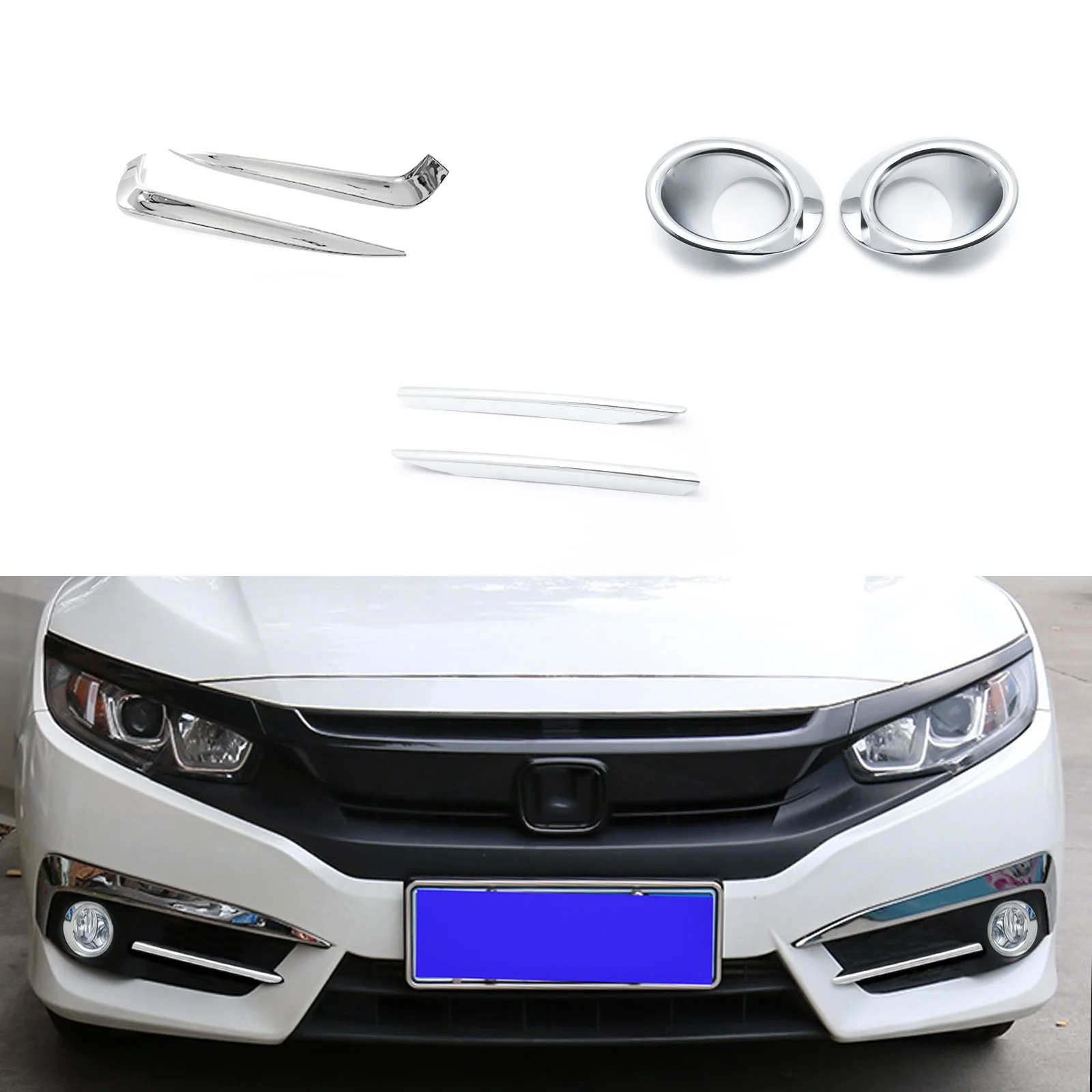 Xotic Tech Exterior Front Fog Light Ring + Stripe + Eyelid Accessories Cover Trim Combo Kit,Chrome,Compatible with Honda Civic Sedan 2016-2018