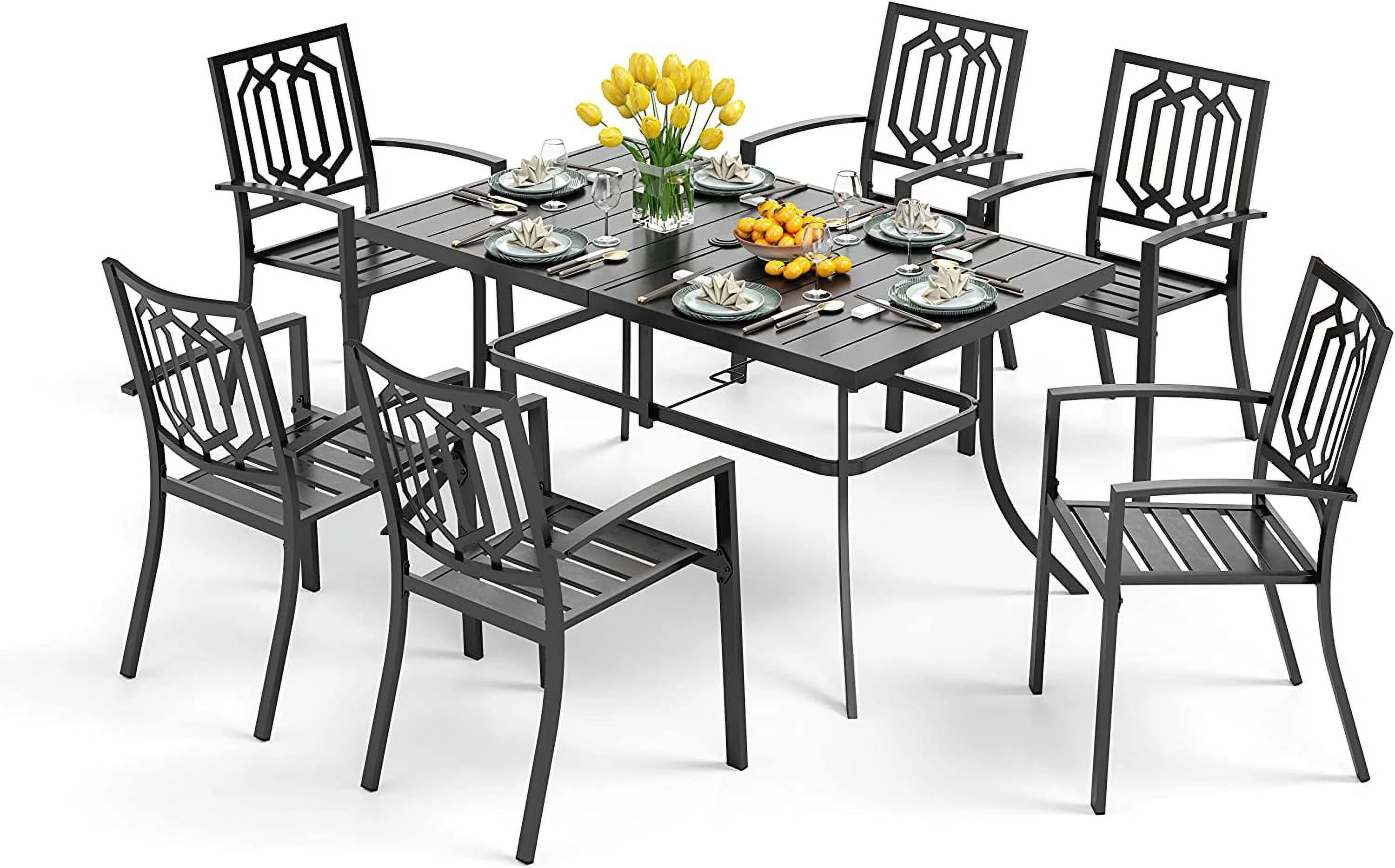VILLA Patio Dining Set 7 Piece  6 Person Outdoor Table and Chairs with 6 Bistro Chair & 60" x 38" Rectangular Large Metal Dining Table(1.57" Umbrella Hole)