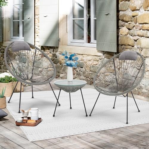 xrboomlife 3-Piece Patio Acapulco Chairs Set  All-Weather Wicker  w/Pillow & Glass Top Table  Outdoor Rattan Conversation Set for Porch Garden  Balcony  Deck  Poolside  Black