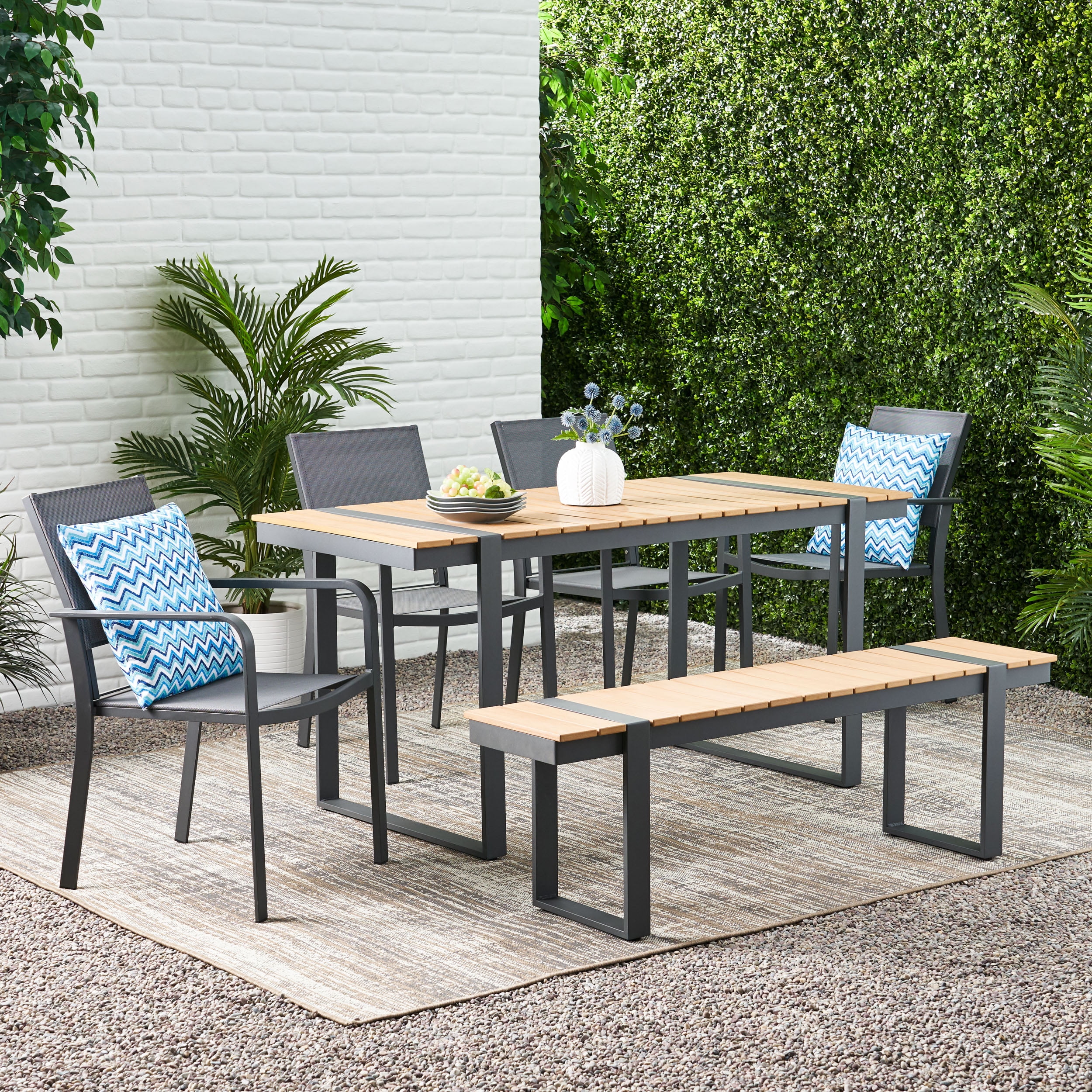 Stilwell Aluminum Outdoor 6-Piece Dining Set, Natural, Gray, and Dark Gray