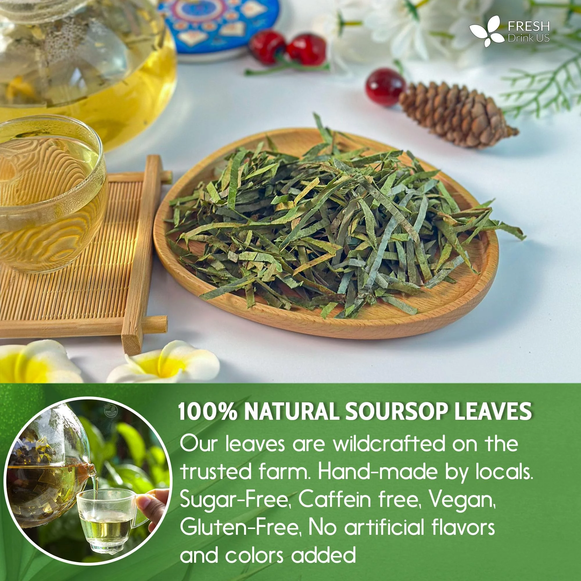 2.5Oz Premium Soursop Graviola Dried Leaves (Cut & Sifted), 100% Natural Soursop Leaves, Pure, Wildcrafted, Graviola, Soursop, Hoja Guanabana, Soursop Loose Leaf Herbal Tea, No Gluten, Vegan