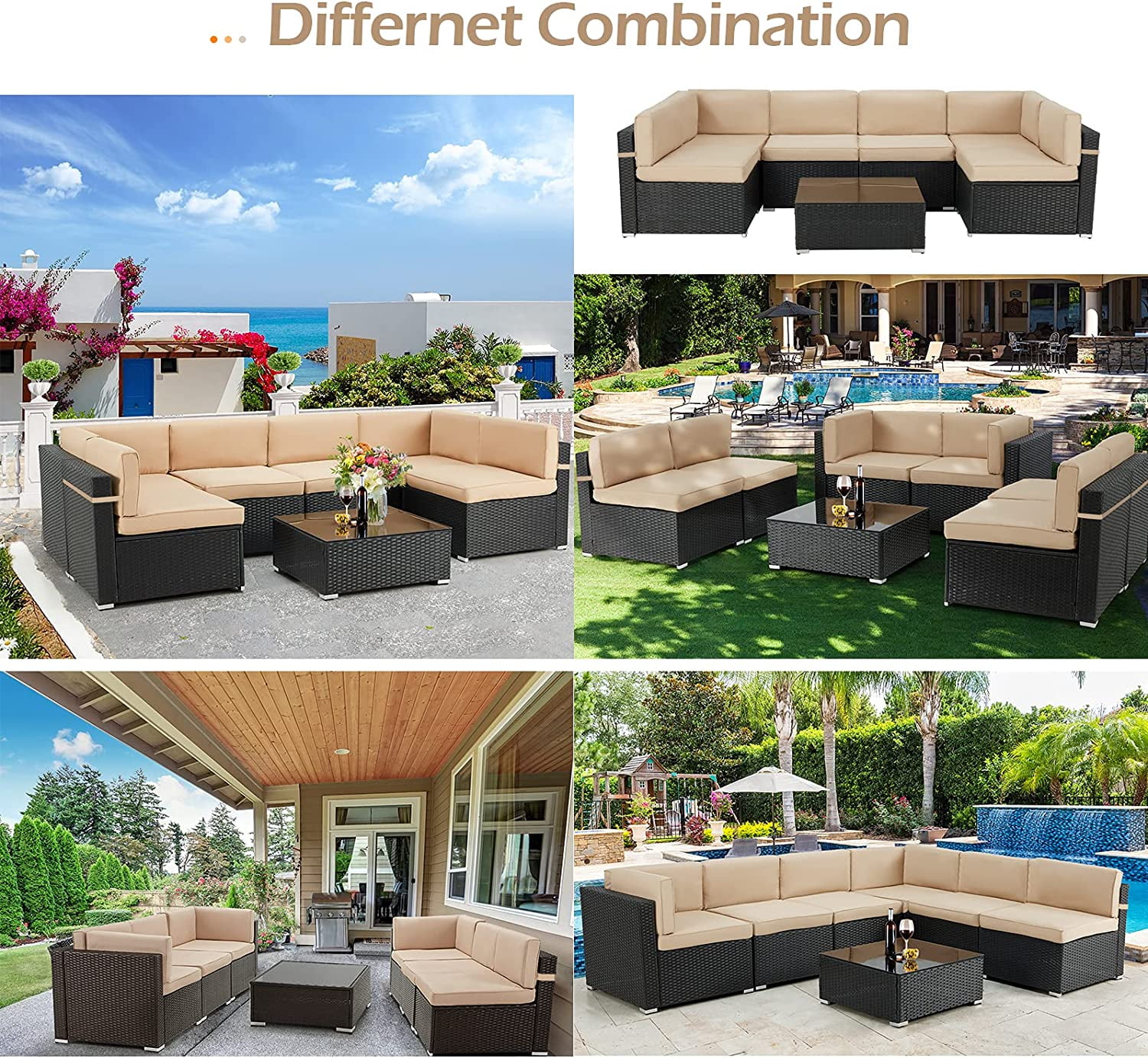 7 Piece Patio PE Rattan Wicker Sofa Set  Outdoor Sectional Conversation Furniture Chair Set with Cushions and Table  Black