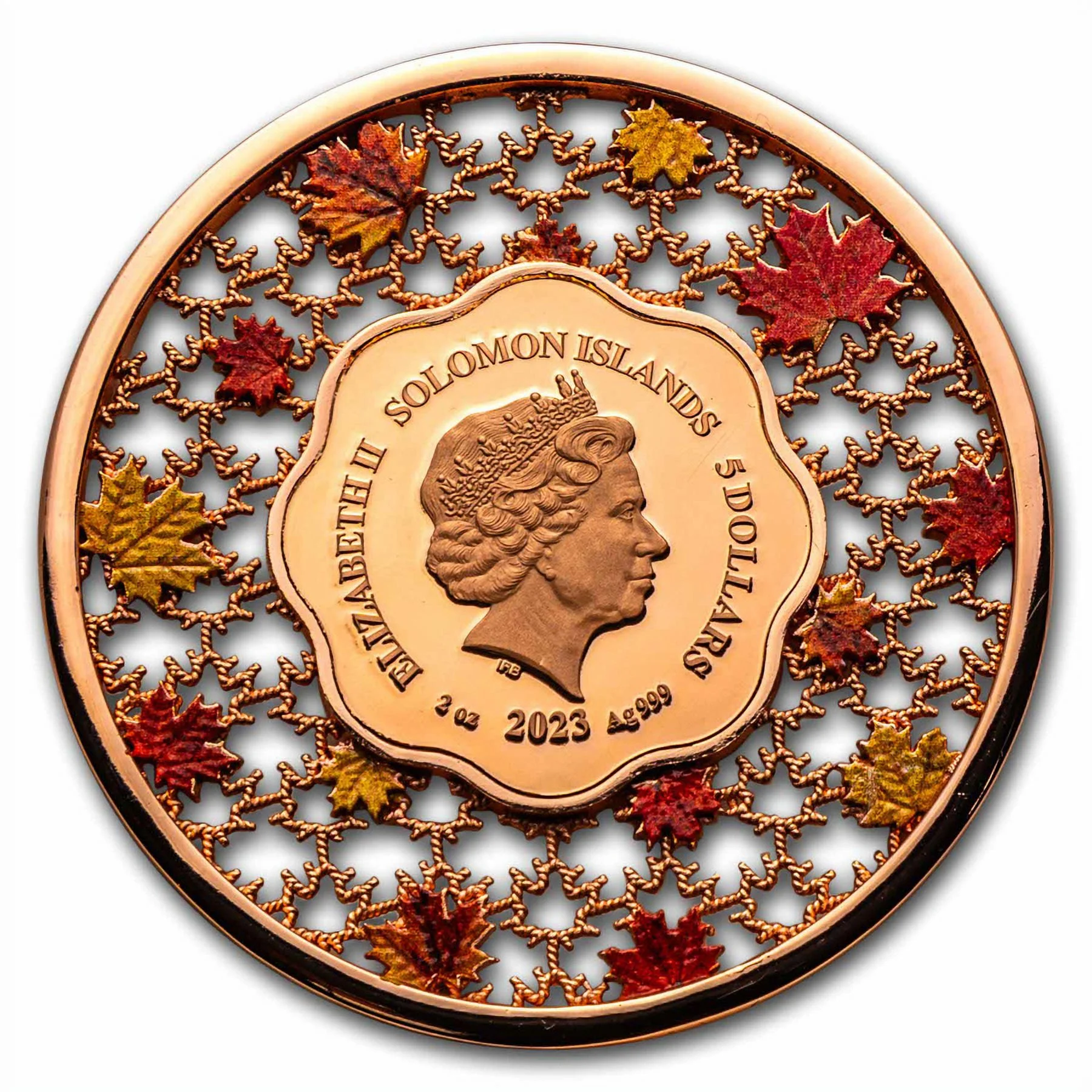 2023 Solomon Islands 2 oz Silver Filigree Maple Leaf