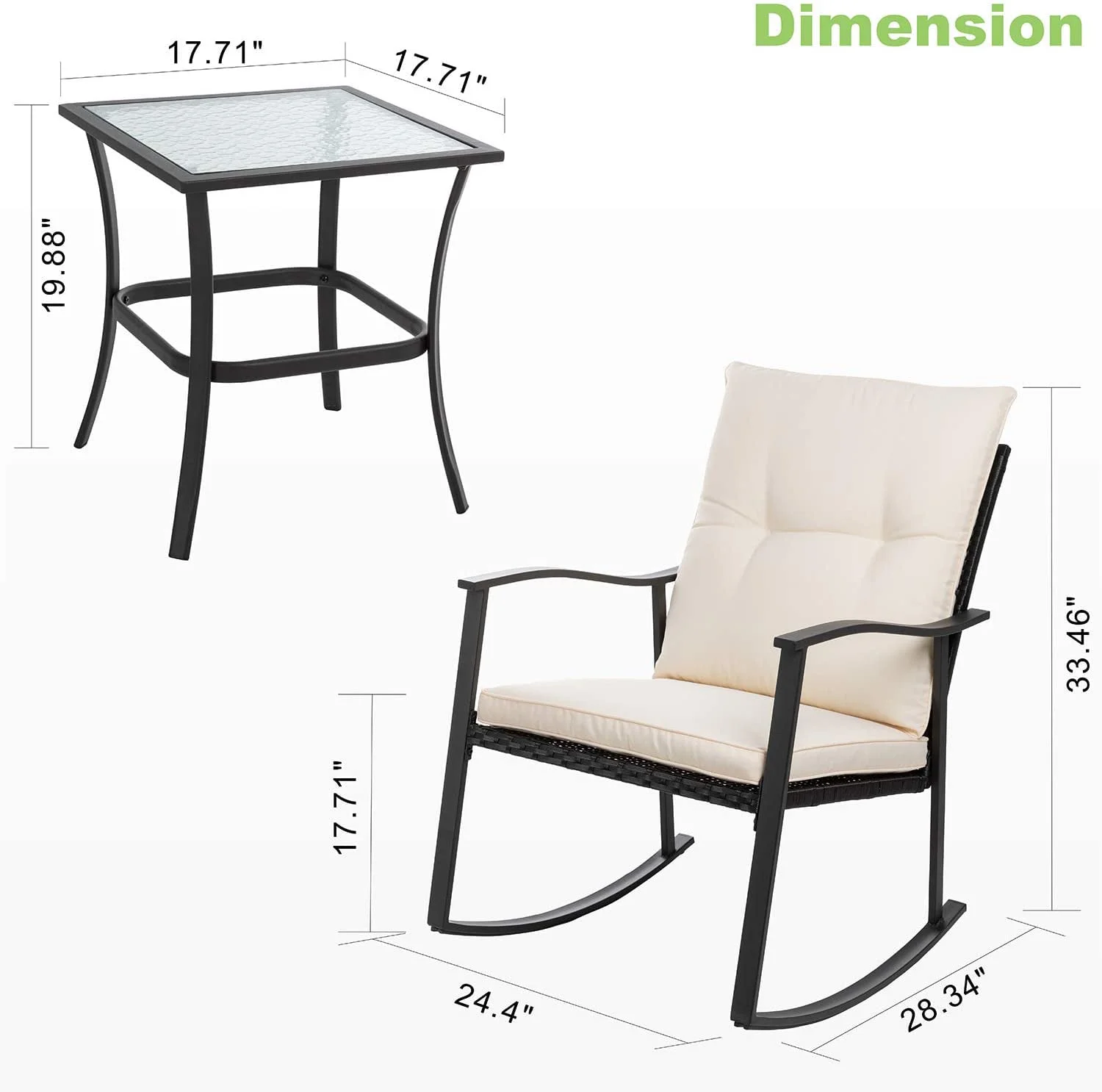 Vongrasig 3 Piece Outdoor Rocking Chair Set, PE Wicker Rattan Small Bistro Set, Front Porch Furniture Rocking Chairs Set of 2, Cushioned Patio Rocker Chair Set with Glass Table (Beige)