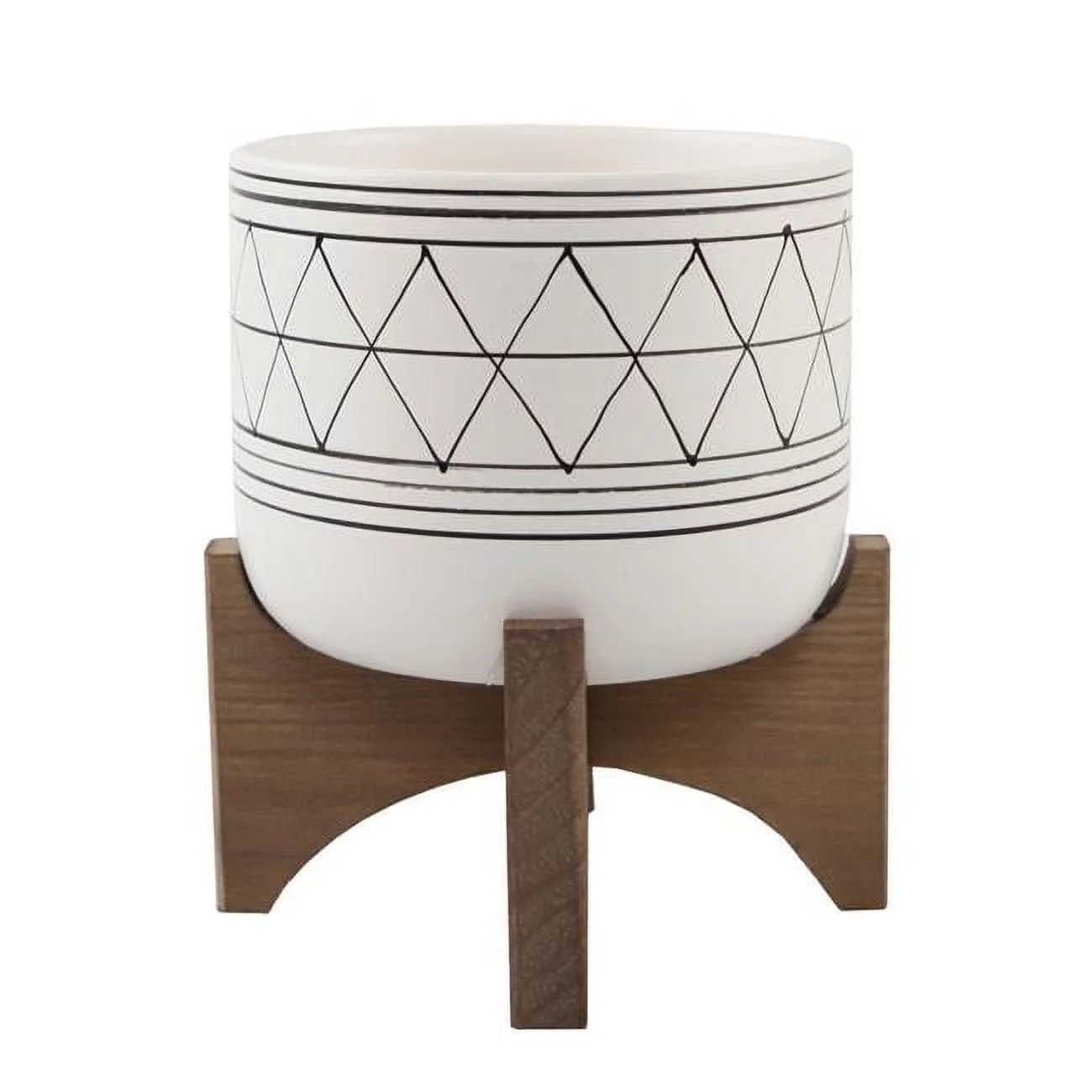 Flora Bunda EM1918E-BLK 5 in. White & Black Geometric with Wood Stand Planter
