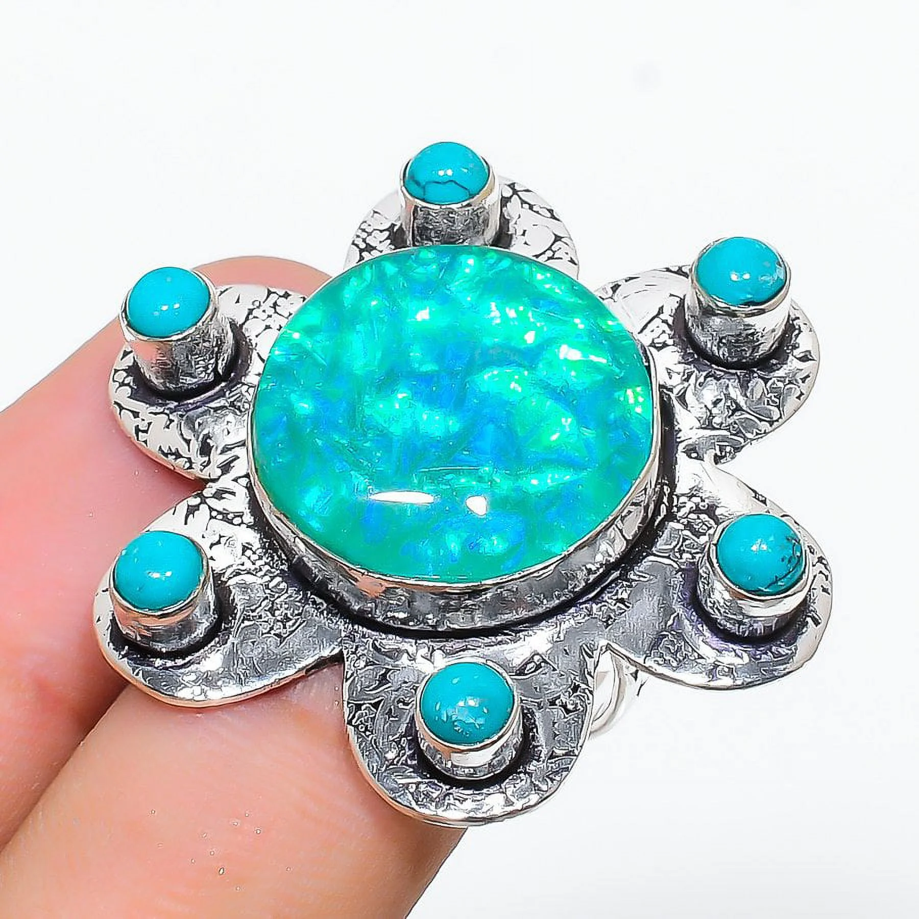 Natural Green Triplet Opal,Turquoise Gemstone 925 Sterling Silver Ring S.10
