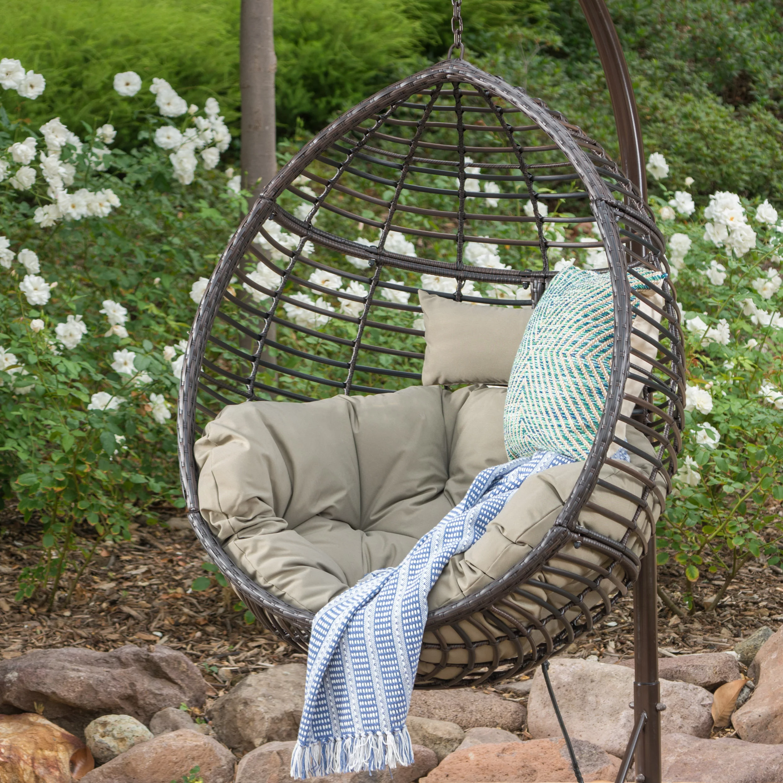 GDF Studio Leasa Indoor/Outdoor Wicker Hanging Basket Chair (Stand Not Included), Multibrown and Khaki