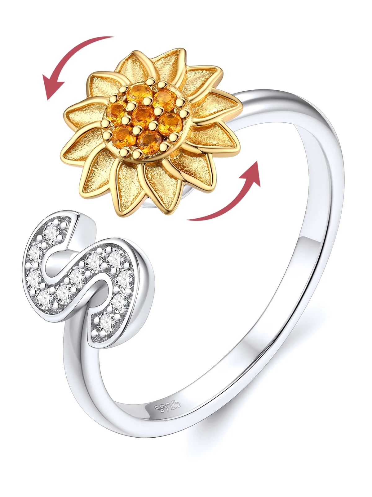 FOCALOOK Rotatable Sunflower Spinner Ring for Women 925 Sterling Silver Adjustable Open Stress Relief Fidget Ring CZ Initial S Stackable Rings Jewelry Gift