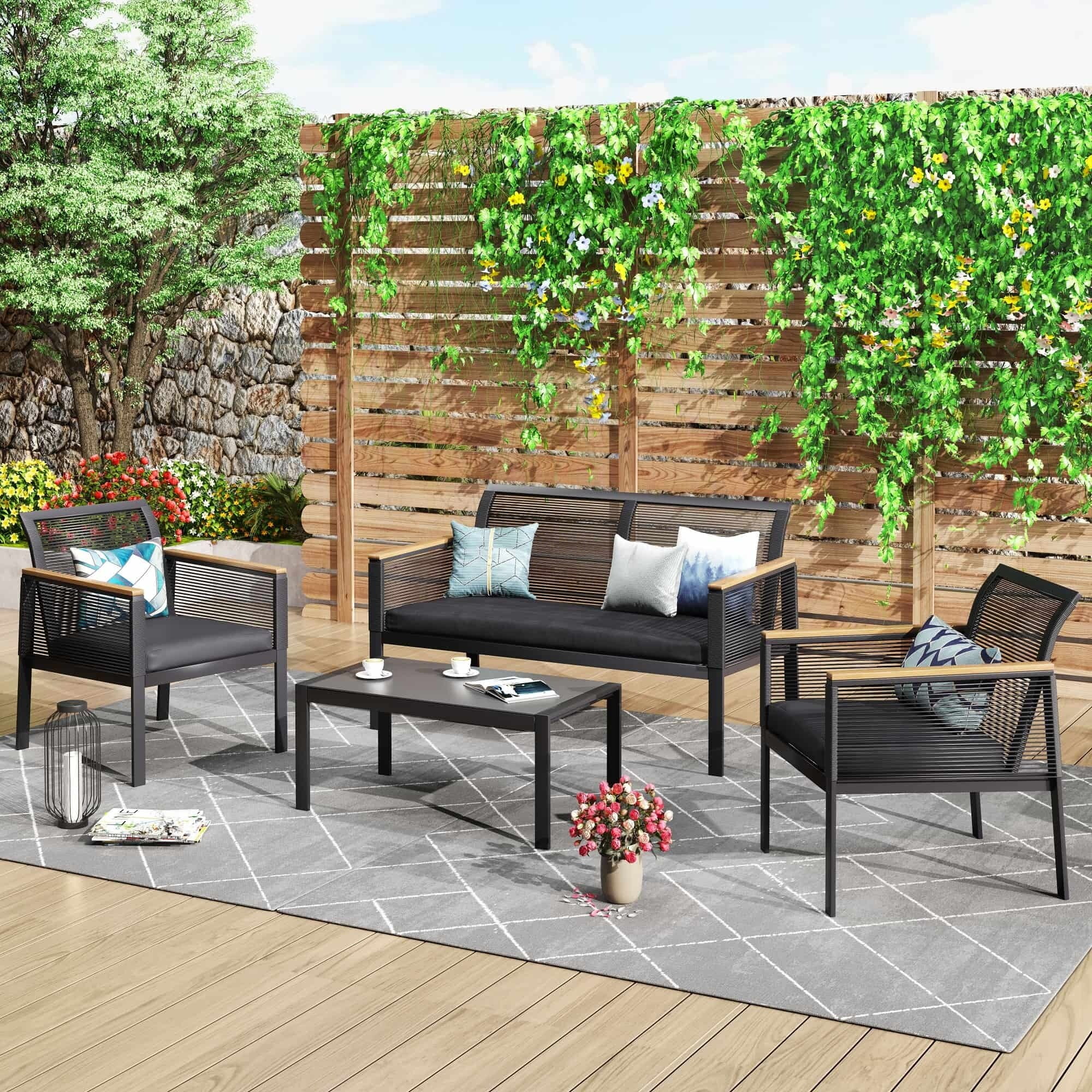KDS4AKLB-1 4-pc. Black Wicker Cord Patio Conversation Set Antique Black