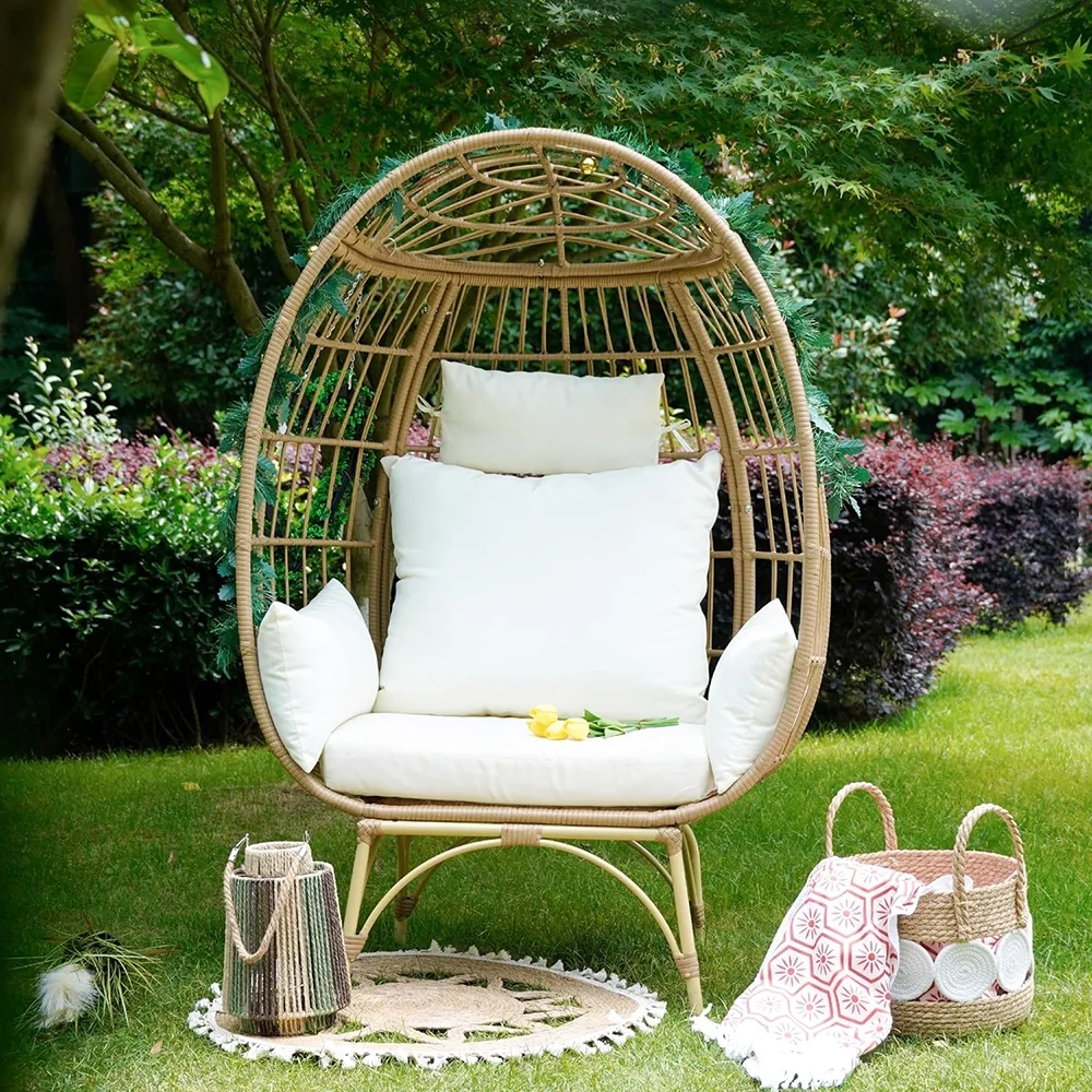 JIAOBAI Oversized Egg Chair Indoor, Outdoor Large Wicker Lounge Chair with Stand and Cushions for Patio,Living Room, Backyard with 4 Comfortable Cushion.