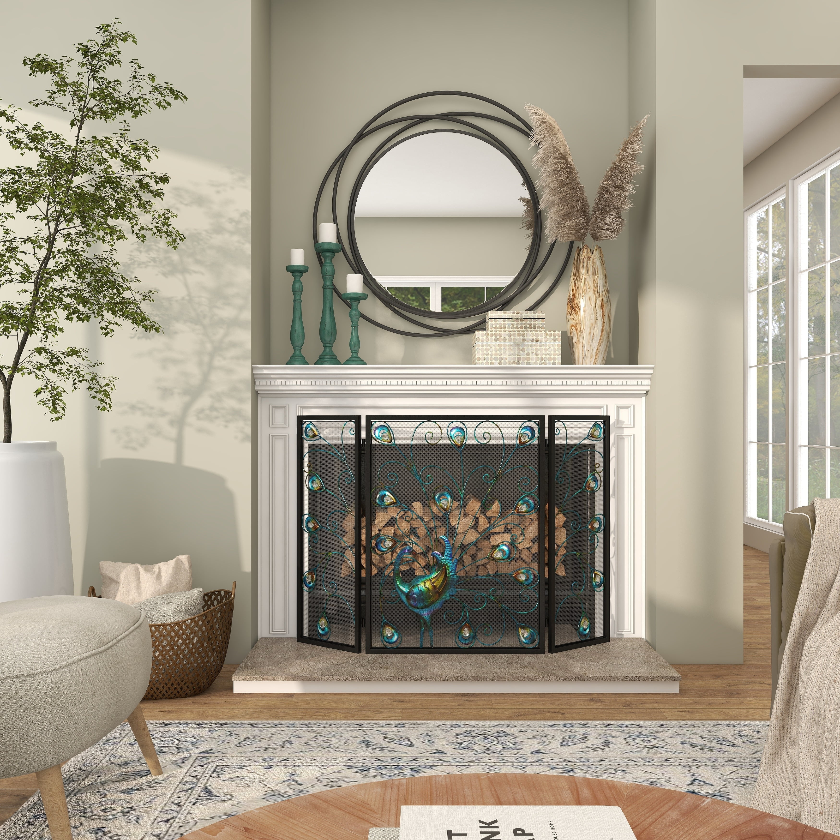 Studio 350 Blue Metal Rainbow 3 Panel Peacock Fireplace Screen with Crystal Accents and Black Frame