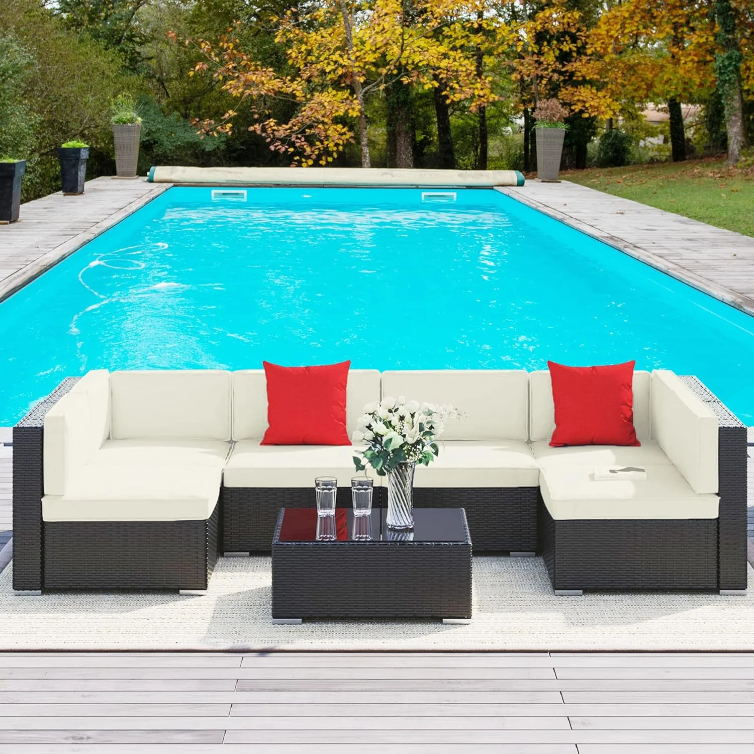 Outsunny 7-Piece Outdoor Patio Furniture Set in Orange & White Sectional Sofa, Coffee Table PE Rattan Wicker, Water-Safe Steel Frame for Backyard Comfort Easy to Clean