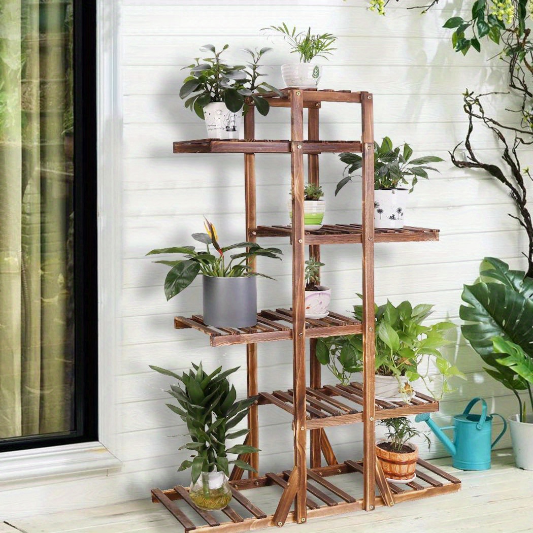 6 Tier Rustic Wooden Plant Stand - Carbonized Wood Flower Display Rack with Bonsai Bench and Patio Shelf - Space-Saving Indoor Outdoor Decor