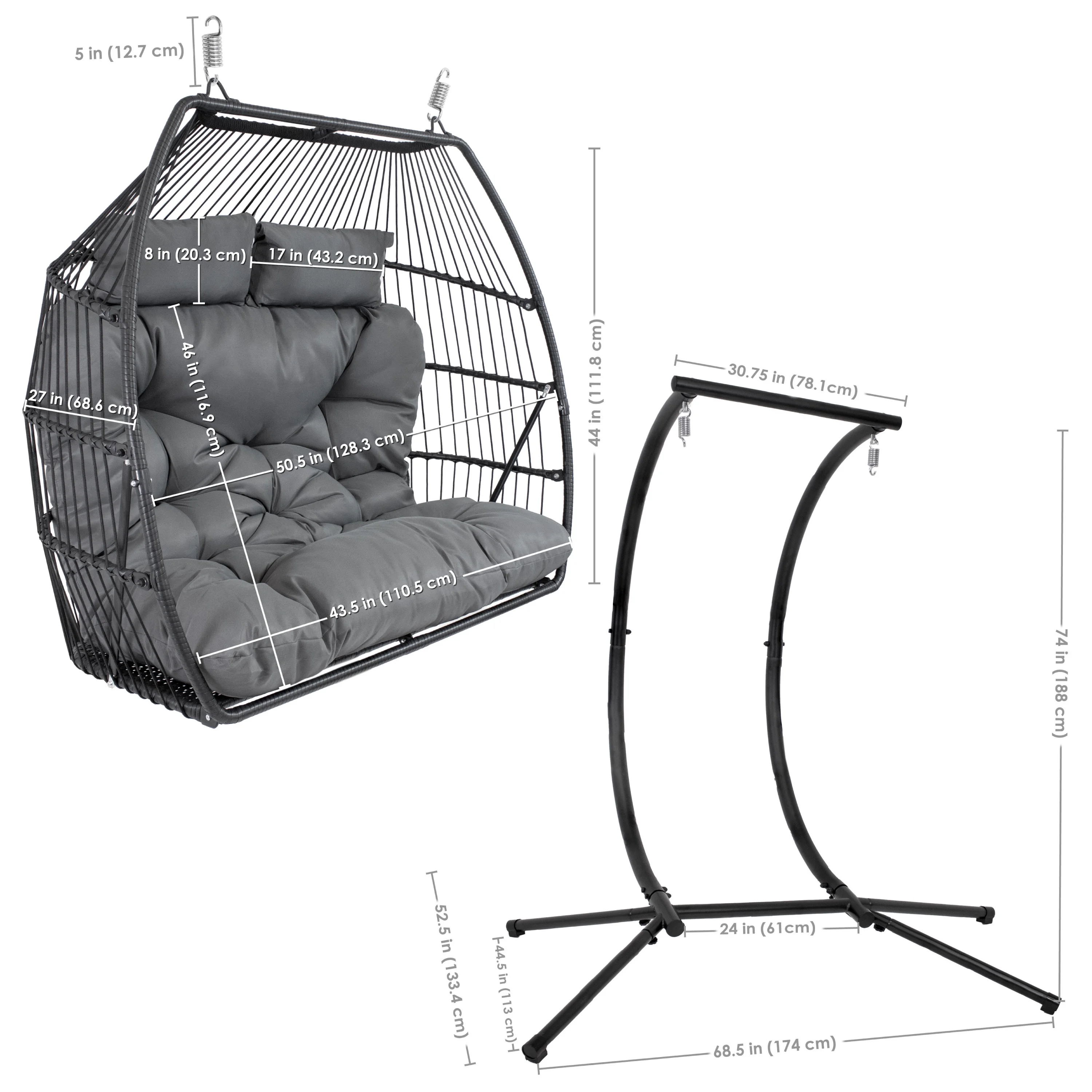 Sunnydaze Andrei Double Hanging Egg Chair with Stand - Dark Gray