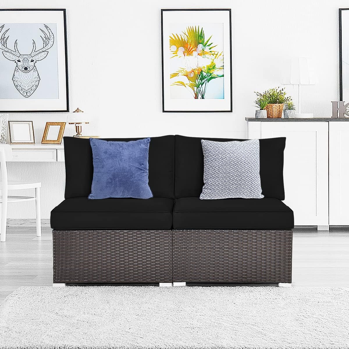 Wicker Armless Sofa - PE Rattan Sectional Sofa Set W/Removable Cushions, All-Weather Sofa Chair Set For Porch, Balcony, Garden, Poolside, Outdoor Patio Sofa (Black)