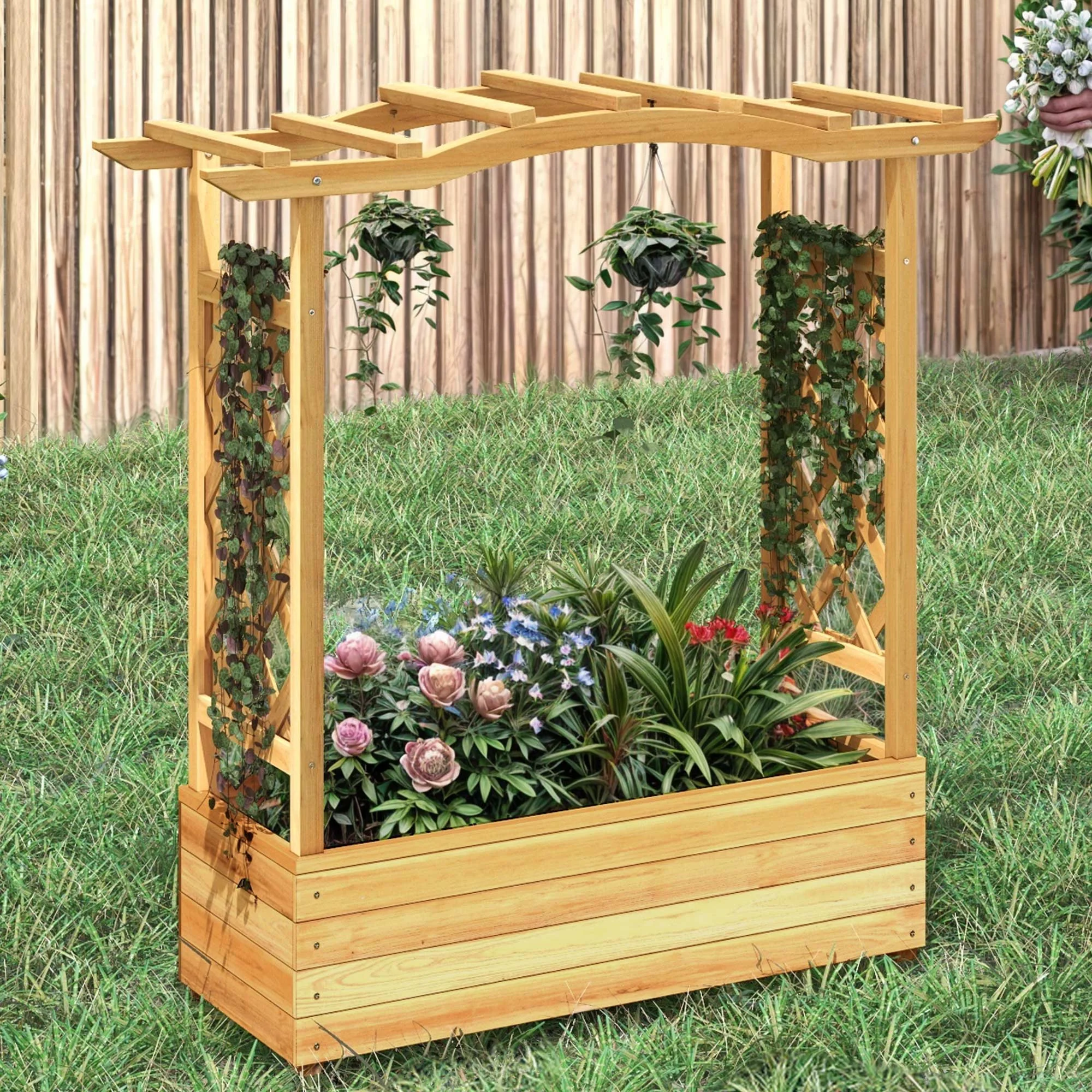 Dextrus Raised Garden Bed with Trellis Hanging Roof, Wood Planter Box with Drainage Holes for Climbing Plants Flowers, Natural