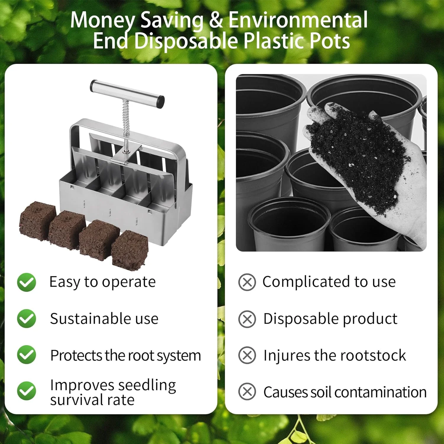 Soil Block Maker, 8 Cell Hand Held Seed Block Maker with Garden Gloves, 2 Inch Molds Blocking Tool for Seed Starting, Protecting Seedling Transplants from Damage