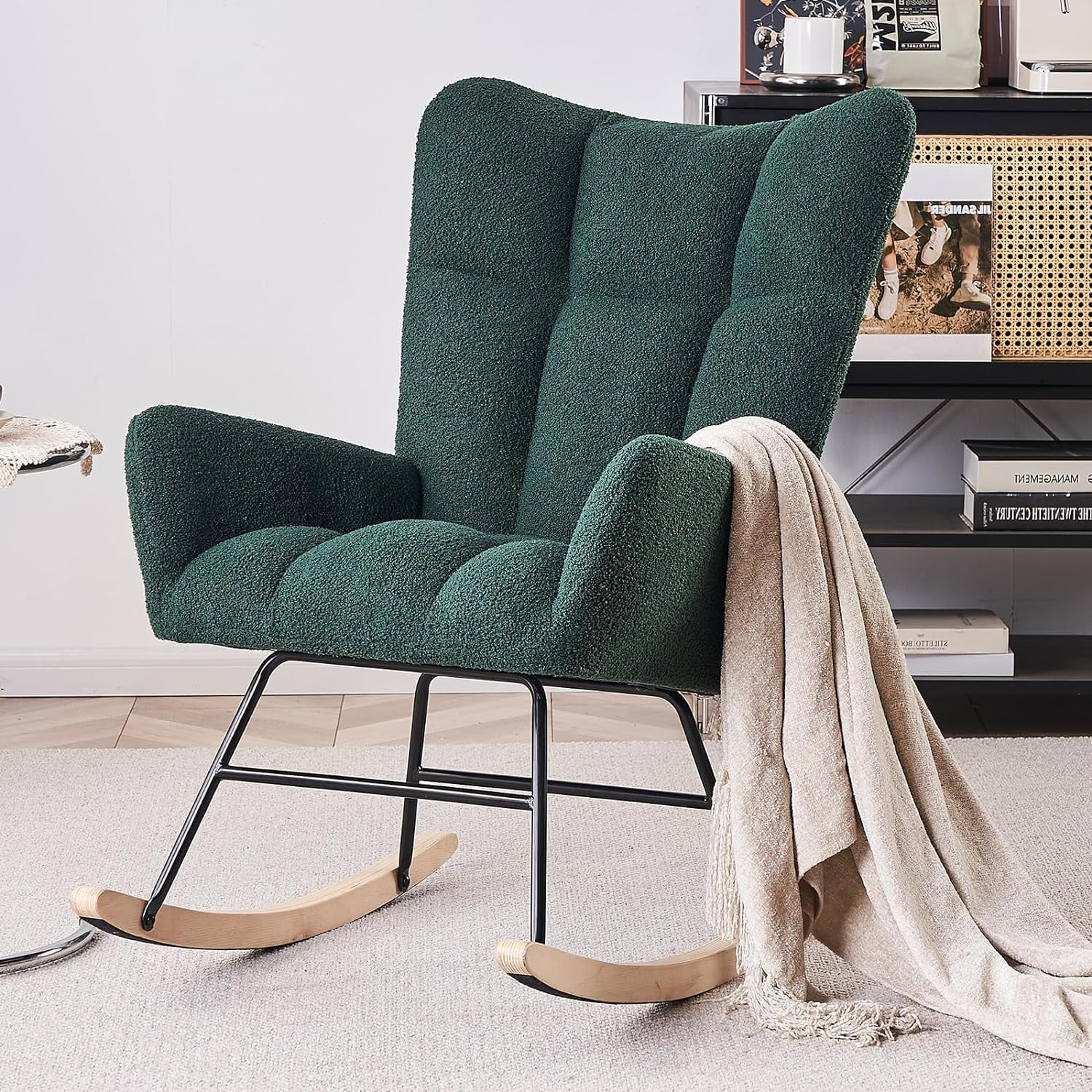 RSJIWOGZ Modern Nursery Rocking Chair  Upholstered Glider Chair with High Backrest  Rocker  Armchair with Solid Wood Legs for Nursery Bedroom Living Room (Cream Teddy)