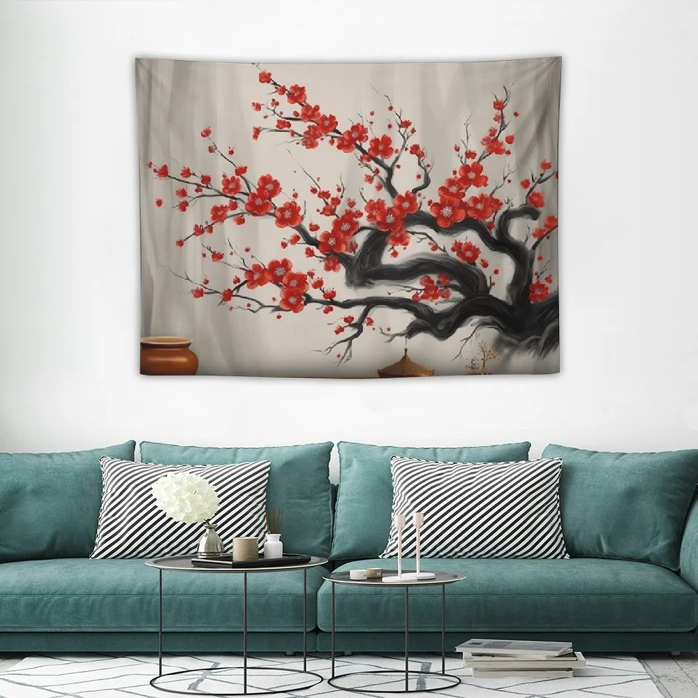 Lingy  Tapestry Brown Japanese Sakura Cherry Blossom Plum Chinese Brush Ink Nature Red Japan Flower Apricot Stroke Tapestry Wall Hanging Blanket Wall Bedroom Decor