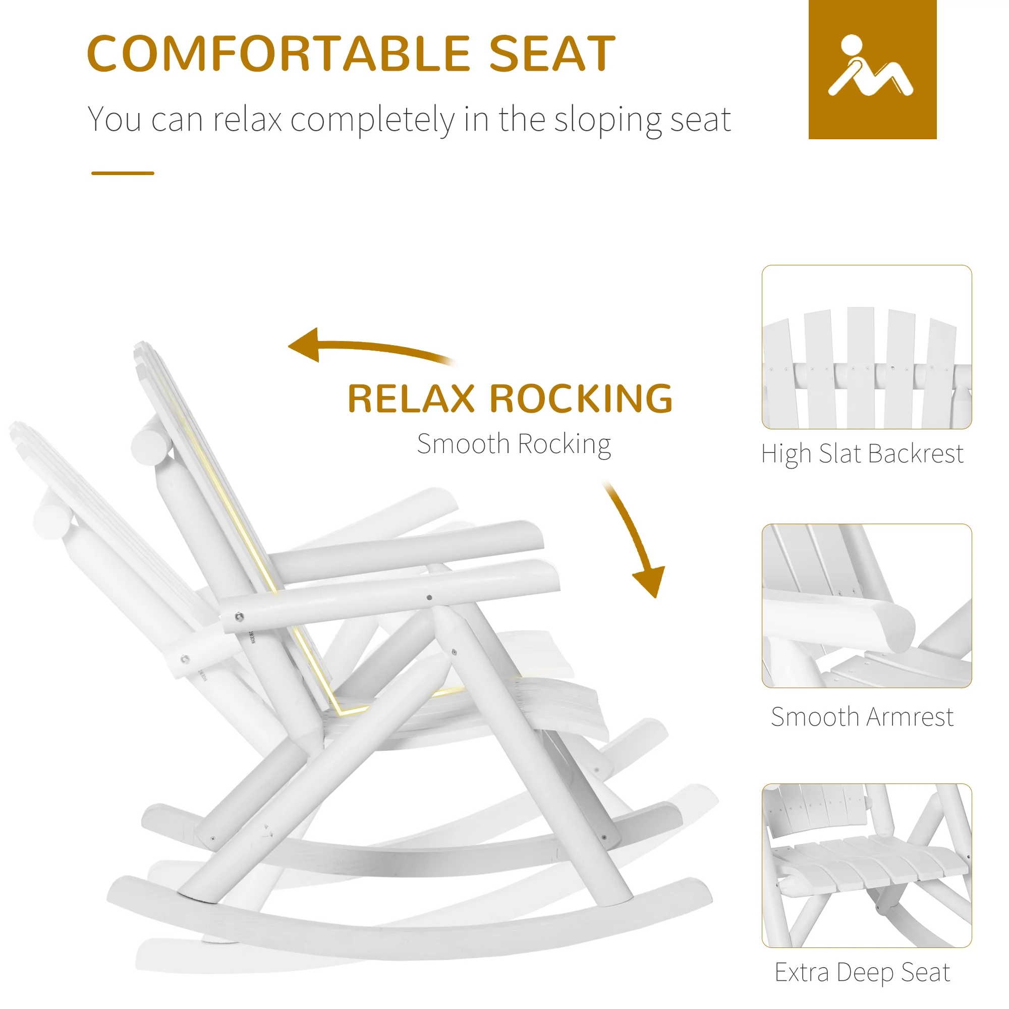 Outdoor Wooden Rocking Chair, Stylish Oversized Backboard Rocking Chair,  Porch, Poolside, Garden, White