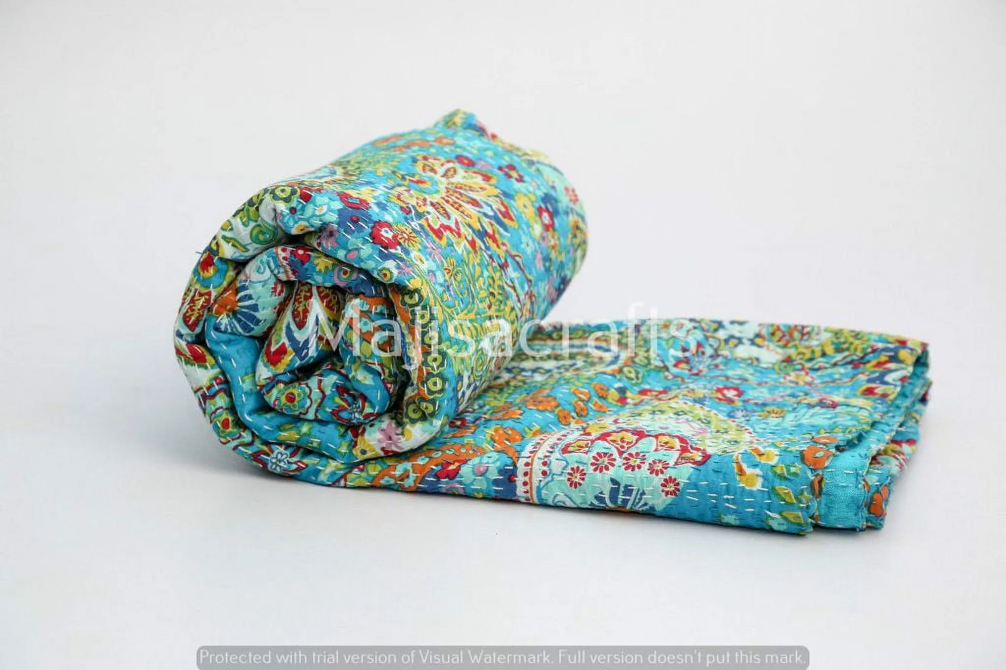 indian cotton kantha quilt Bedding throw sofa coverlet bedspread single size Handmade vintage blanket turquoise paisley print
