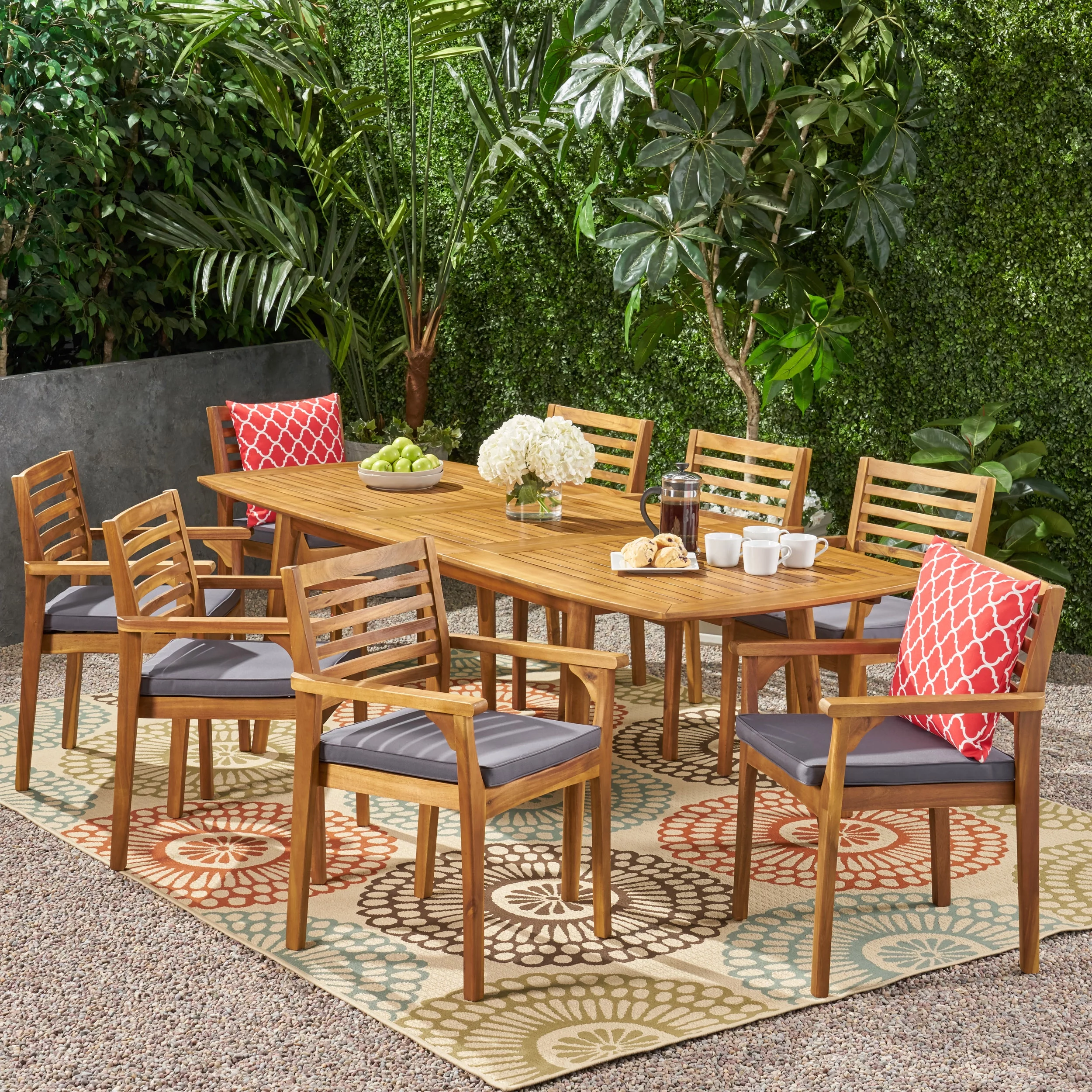 Phyllis Outdoor Acacia Wood 8 Seater Dining Set, Teak and Dark Gray