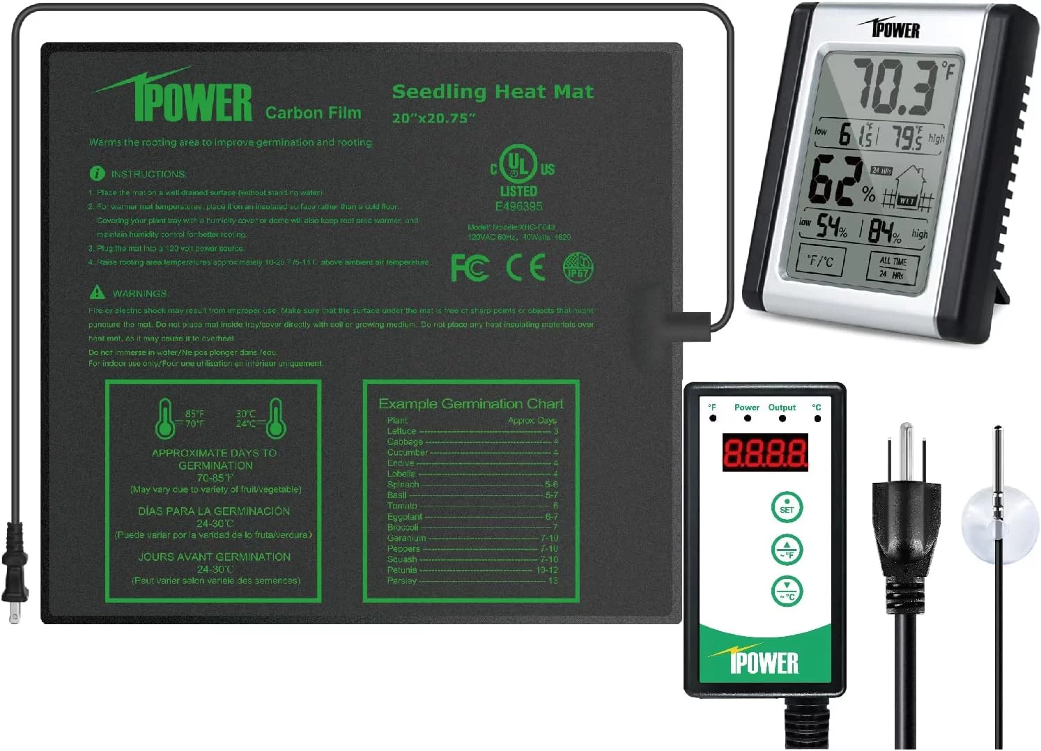 iPower Upgraded Carbon Film Seedling Heat Mat Digital Thermostat Controller and Temperature Humidity Monitor for Plant Germination
