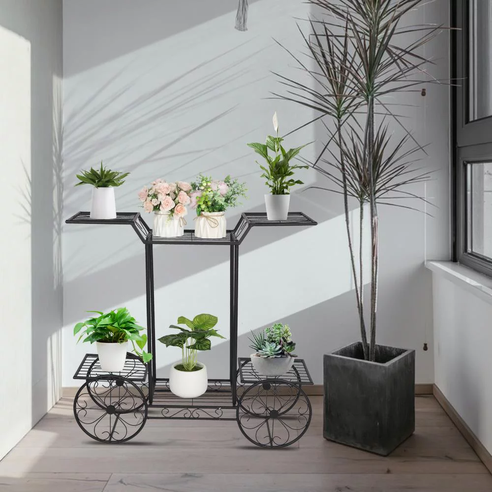 SalonMore 6-Tier Cart Shape Metal Flower Pot Rack Plant Display Stand Shelf Holder Decor Black