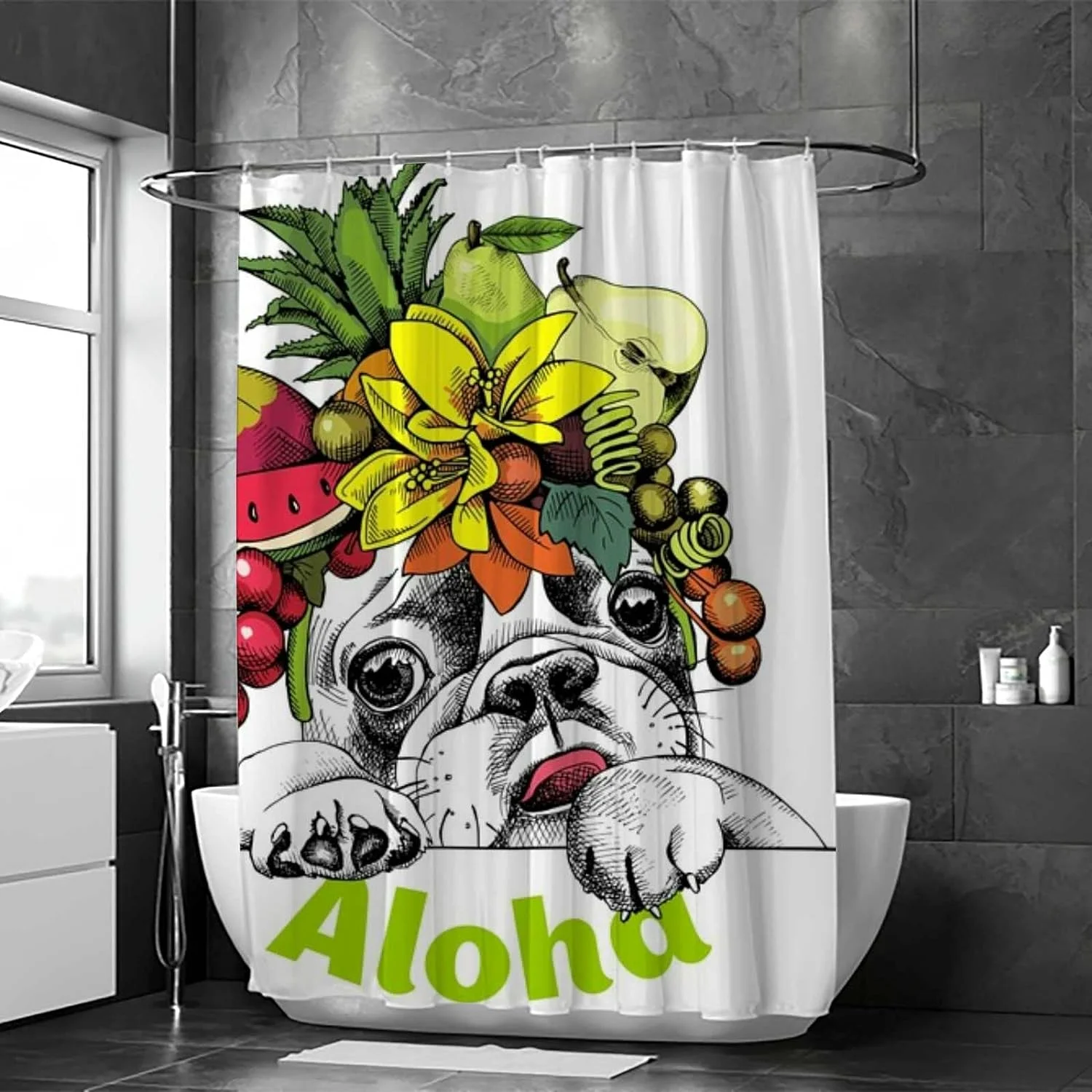 Hyjoy Shower Curtain,French Bulldog Fruits Headband Bathroom Curtain, Waterproof Fabric Shower Curtain for Bathroom Hotel Decoration, 72x72 inches