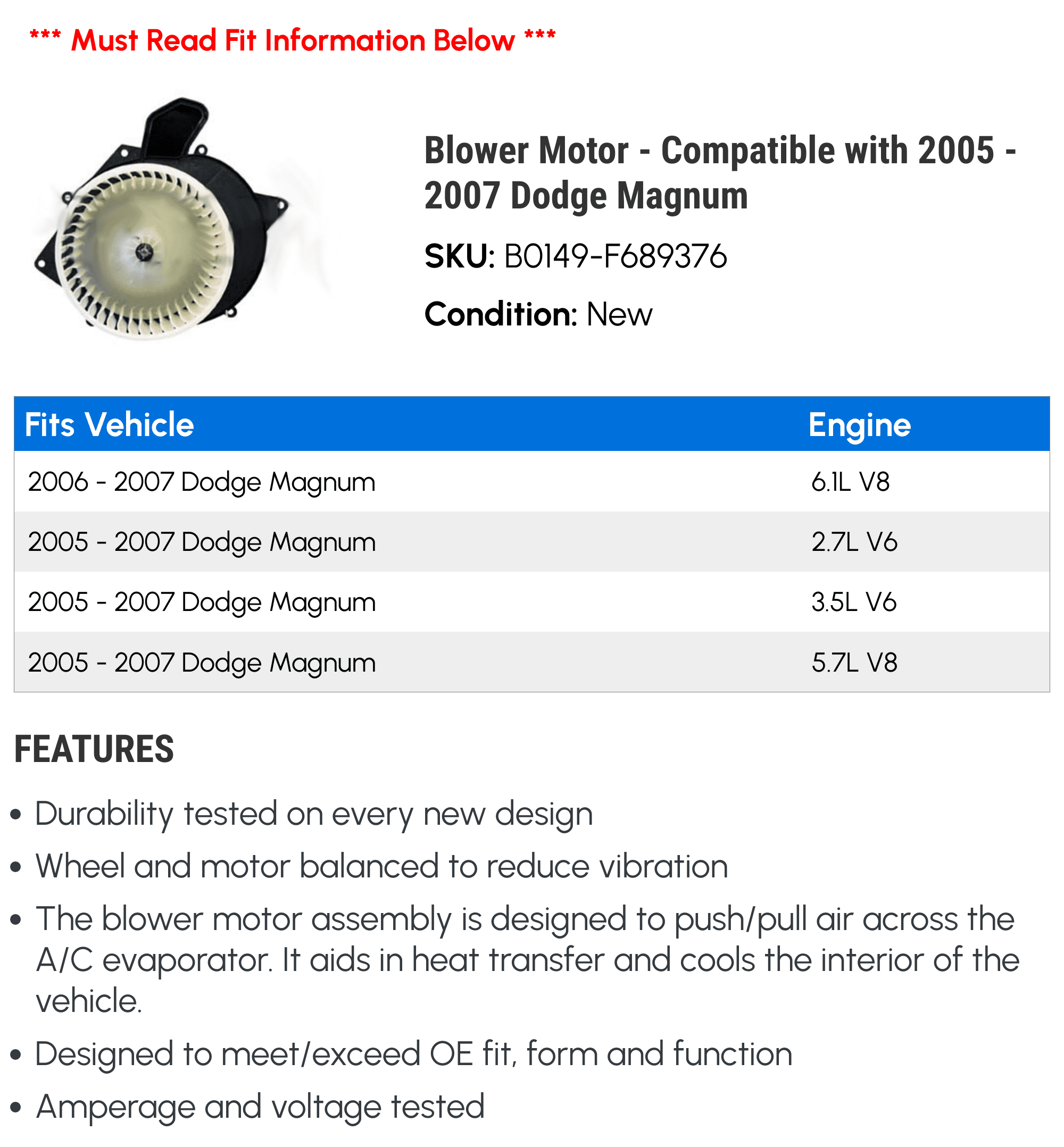 Blower Motor - Compatible with 2005 - 2007 Dodge Magnum 2006